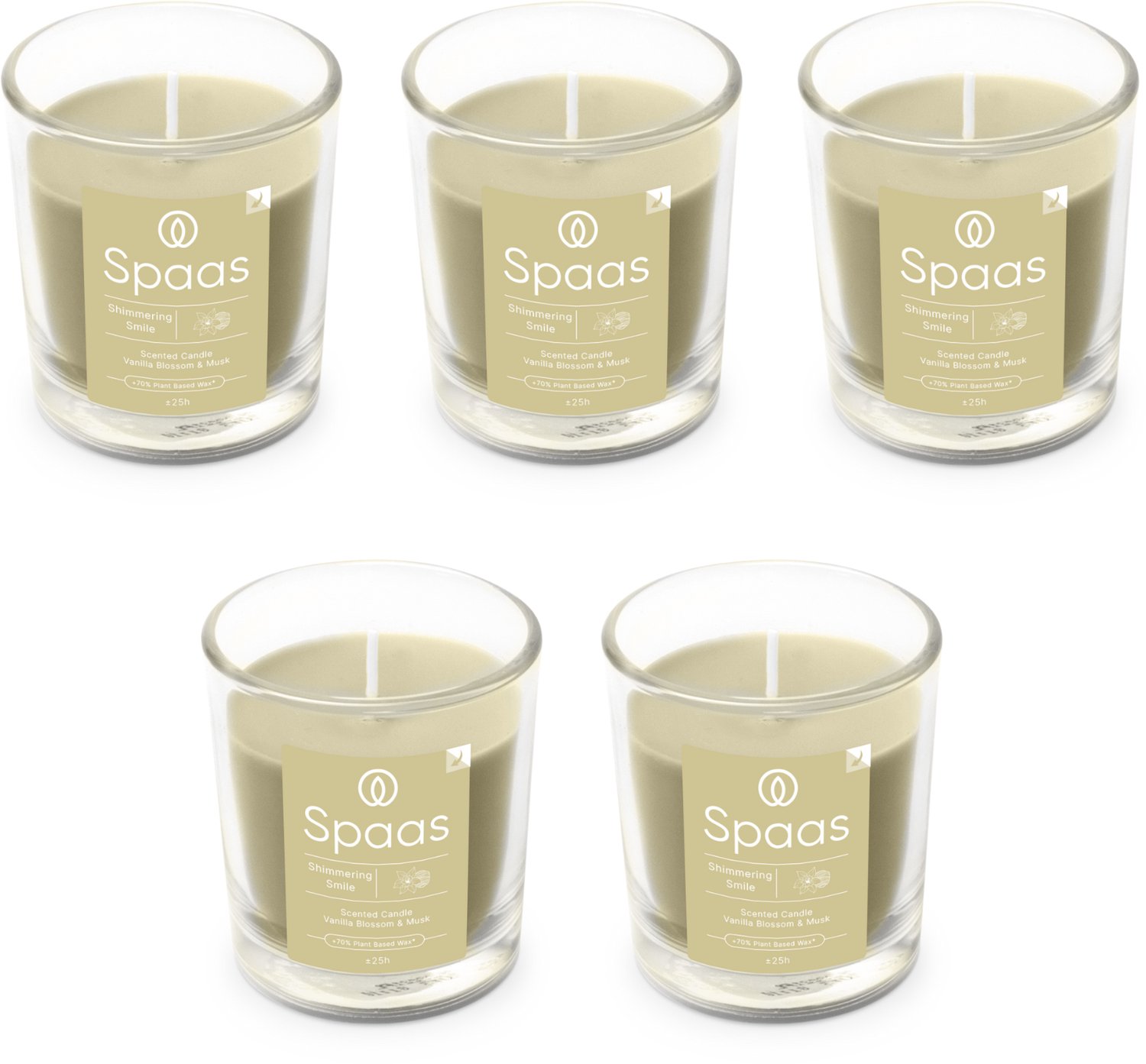 SPAAS Geurkaars in glas - Set van 5 kaarsen - Vanille en Muskus - circa 25u - Shimmering Smile Beige