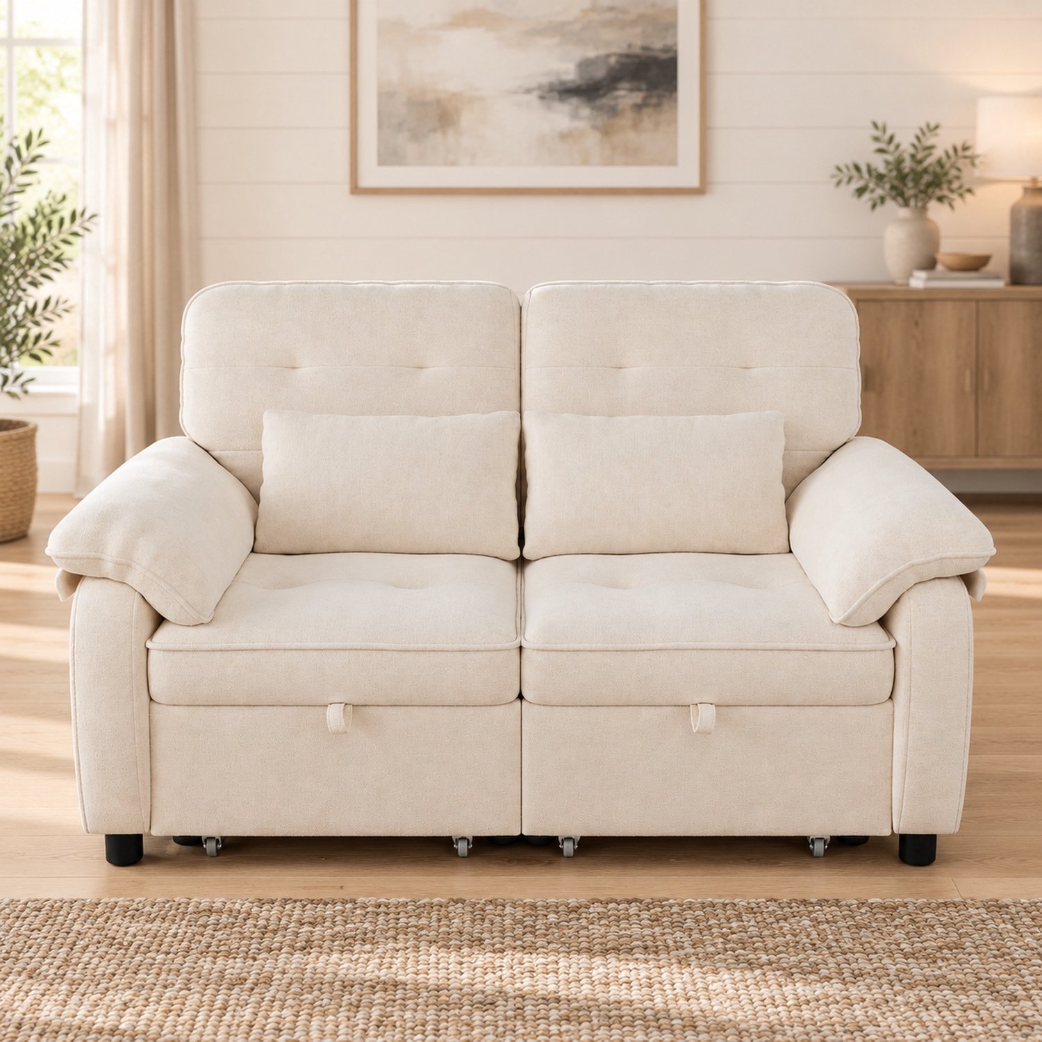 WUVRIE 2-zits slaapbank 142x90 cm - 3-in-1 met verstelbare rugleuning en USB en Type-C - Beige