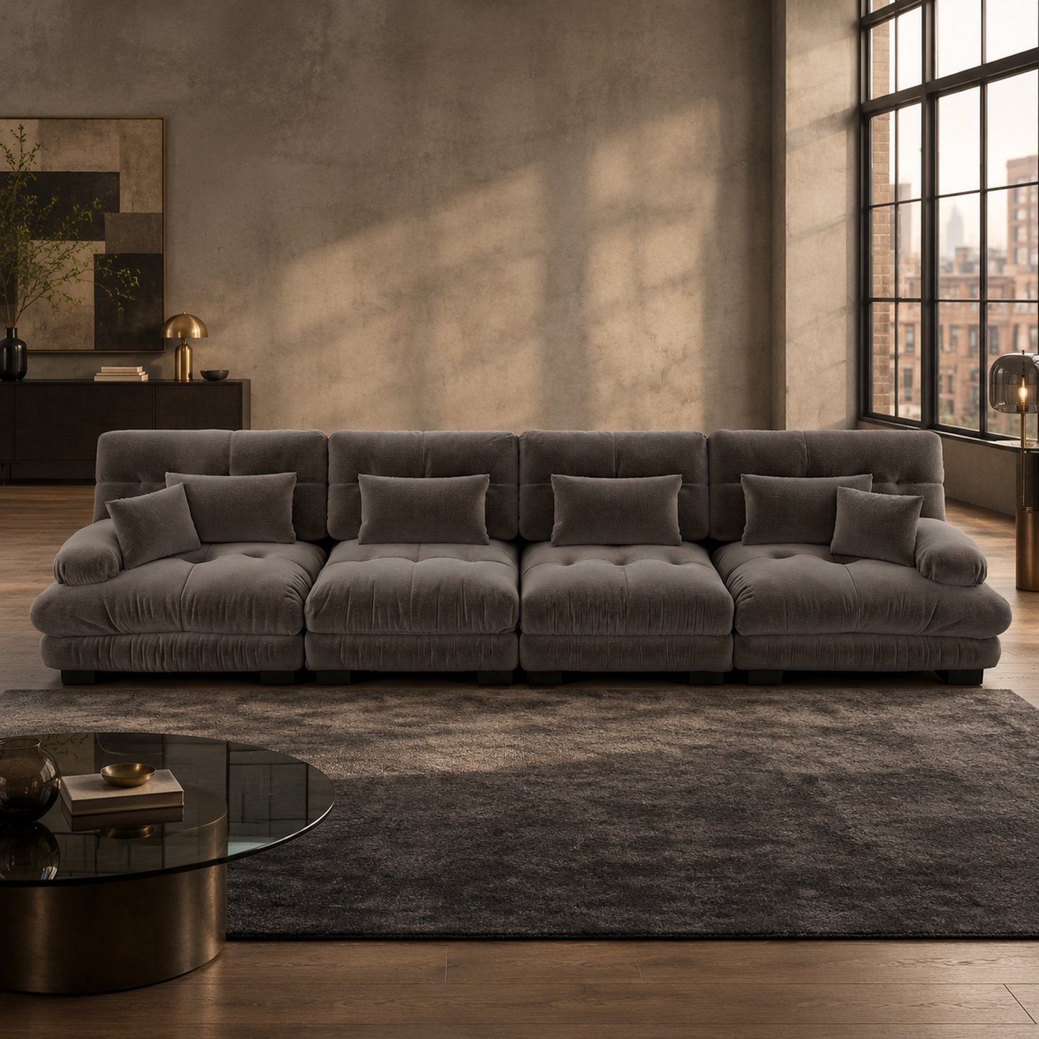 WUVRIE Modulaire hoekbank 406x77x81 cm - 4-zits met diepe zitting en kussens - Bruin