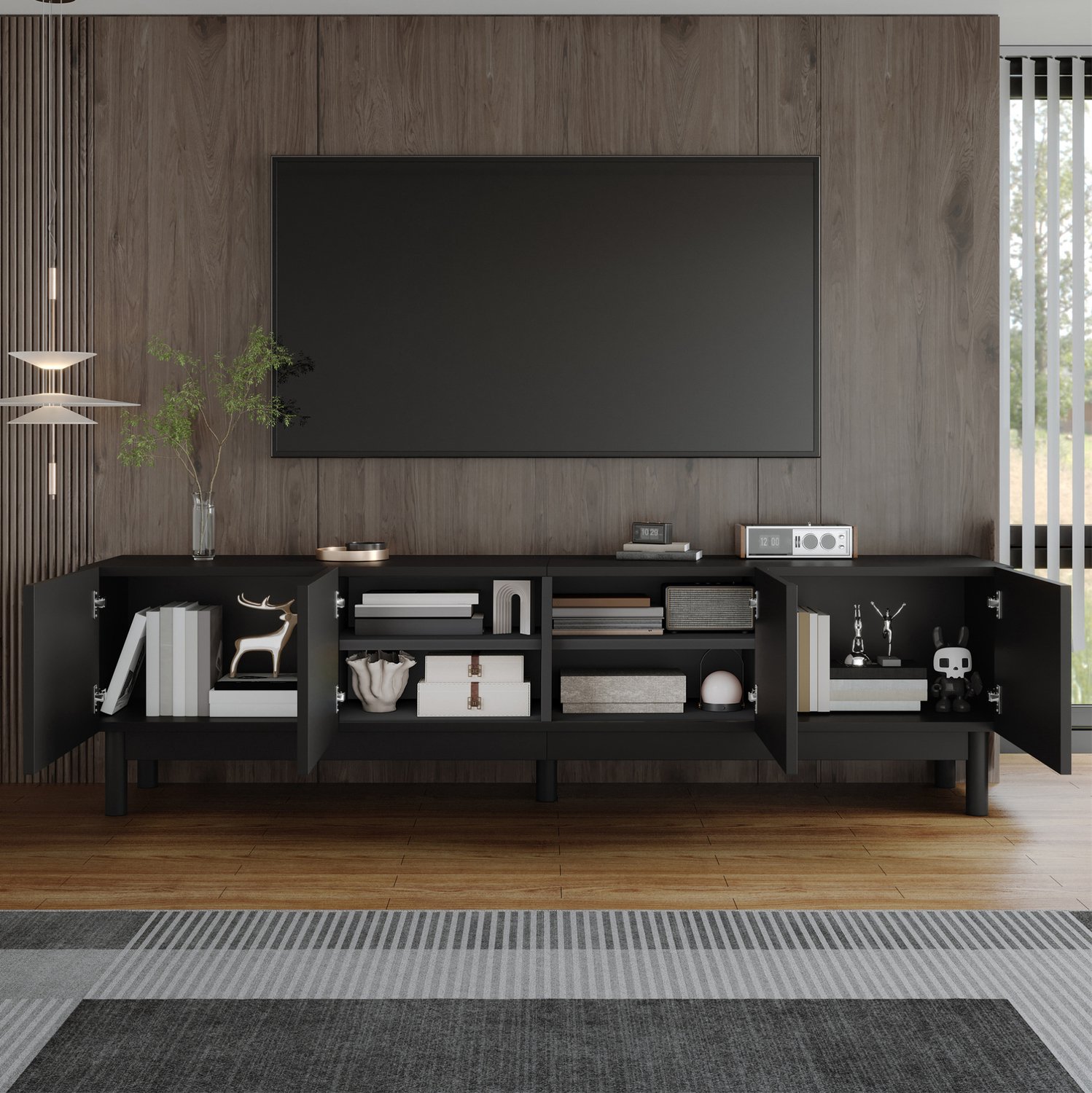 Maisentiel TV-meubel 169 cm - 4 greeploze deuren met planken - MDF/spaanplaat - zwart