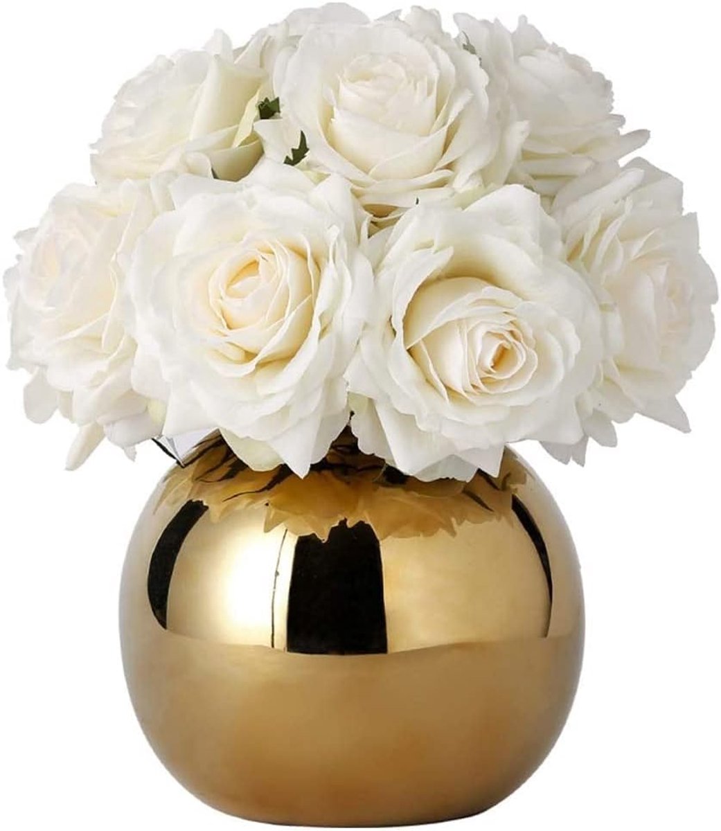 Kunstbloemen Kunstbloemen Kunstzijde Rose Bloemen Boeketten Decoratie Met Gouden Vaas for Tafel Thuis Bruiloft Decoratieve(A)