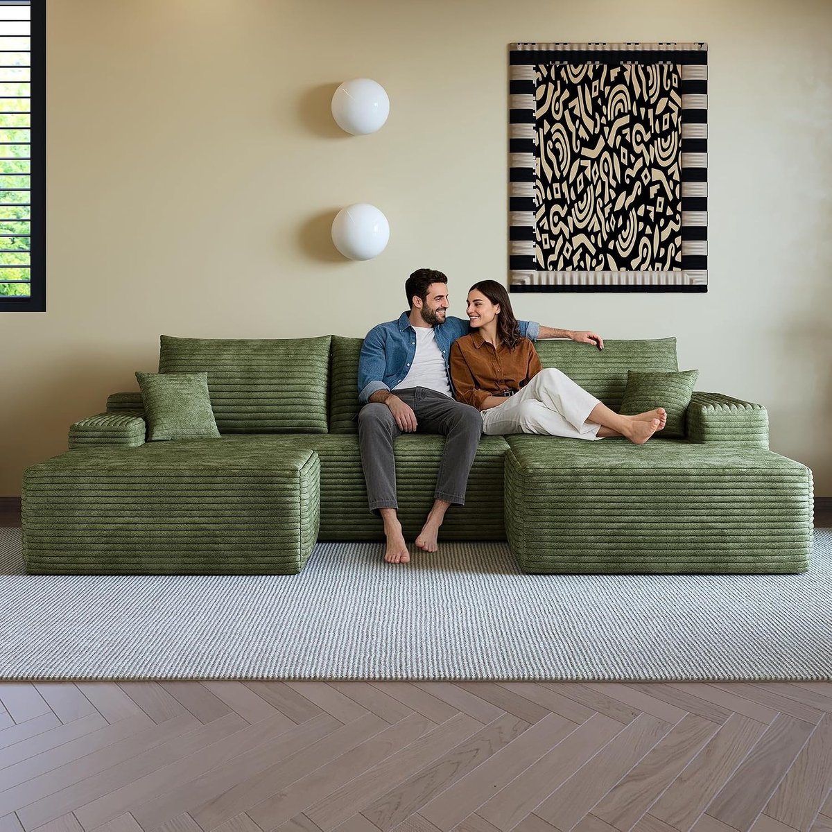 270 cm modulaire bank, U-vorm, 3-zits, rechts, lage zitting, groen