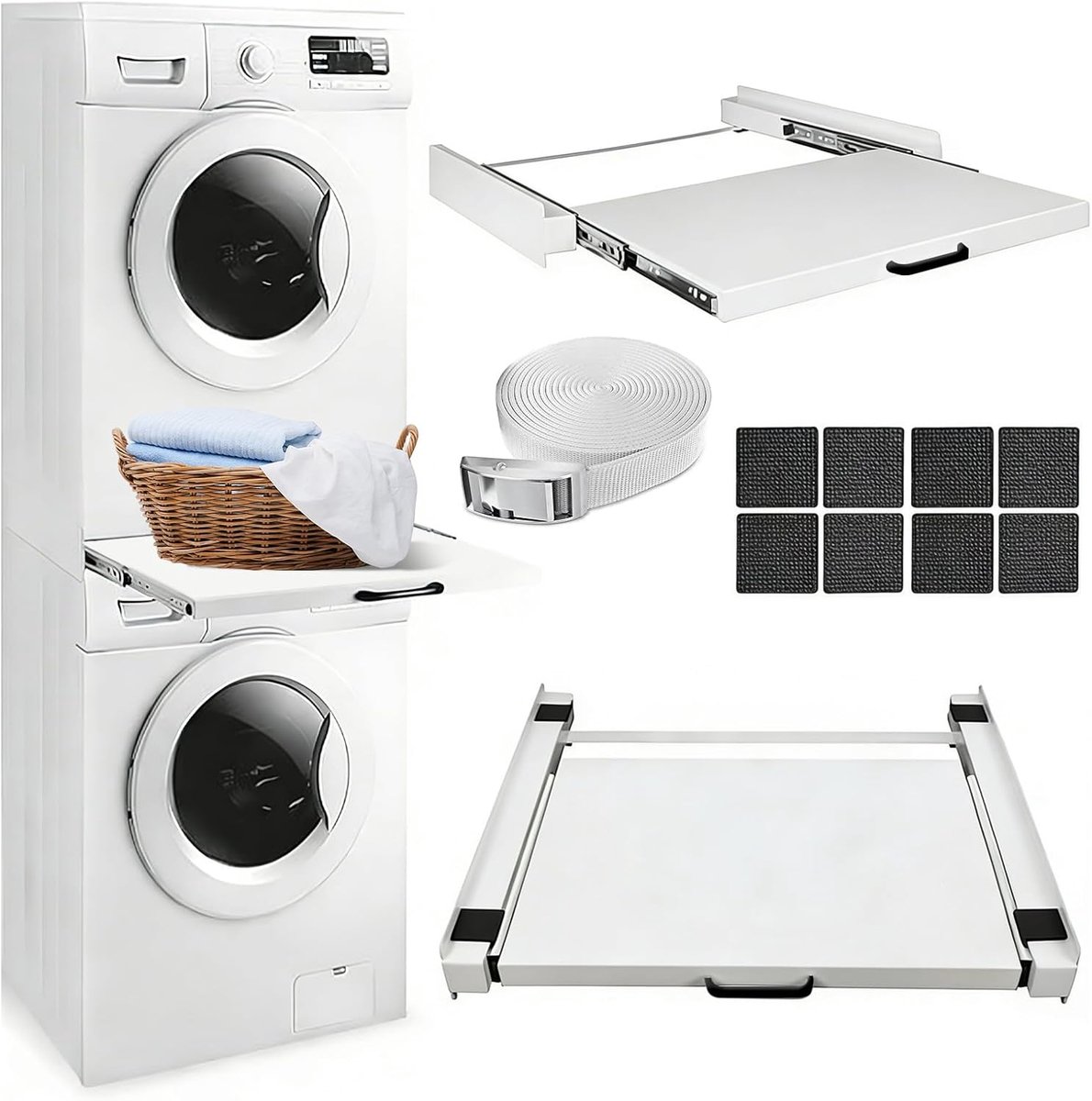 Tussenframe met uittrekplaat, uittrekbaar verbindingsframe set voor wasmachine en droger, staal, 60,5 x 57 cm, met rateltouw, voor was- en droogmachines