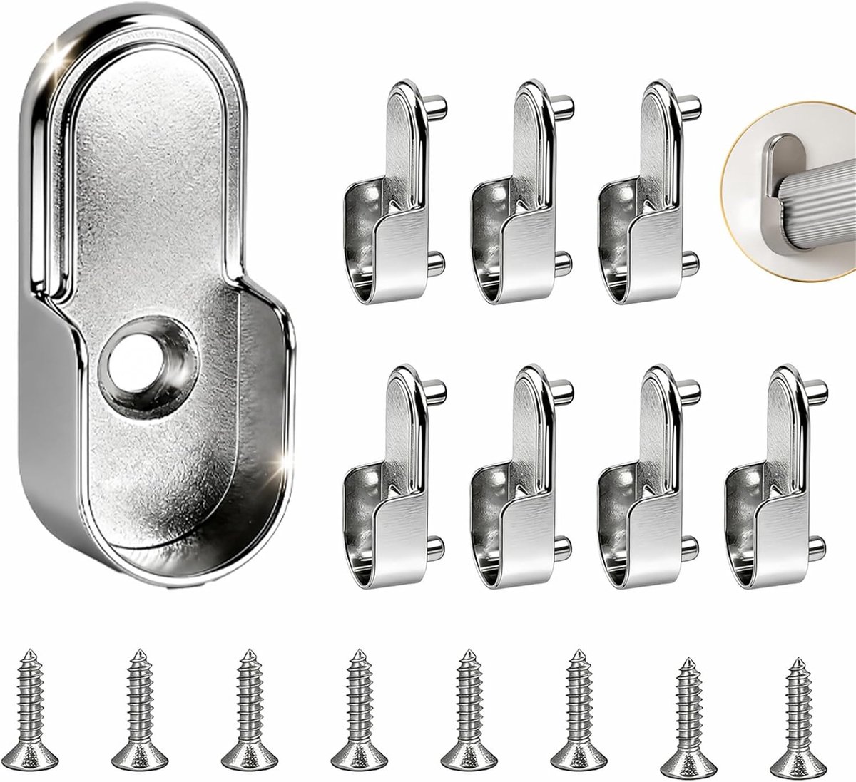 8 stuks kledingstanghouder van metaal met schroeven, bevestiging voor kledingstang en garderobe, robuuste houders voor kast, accessoires voor montage van meubels en kleding