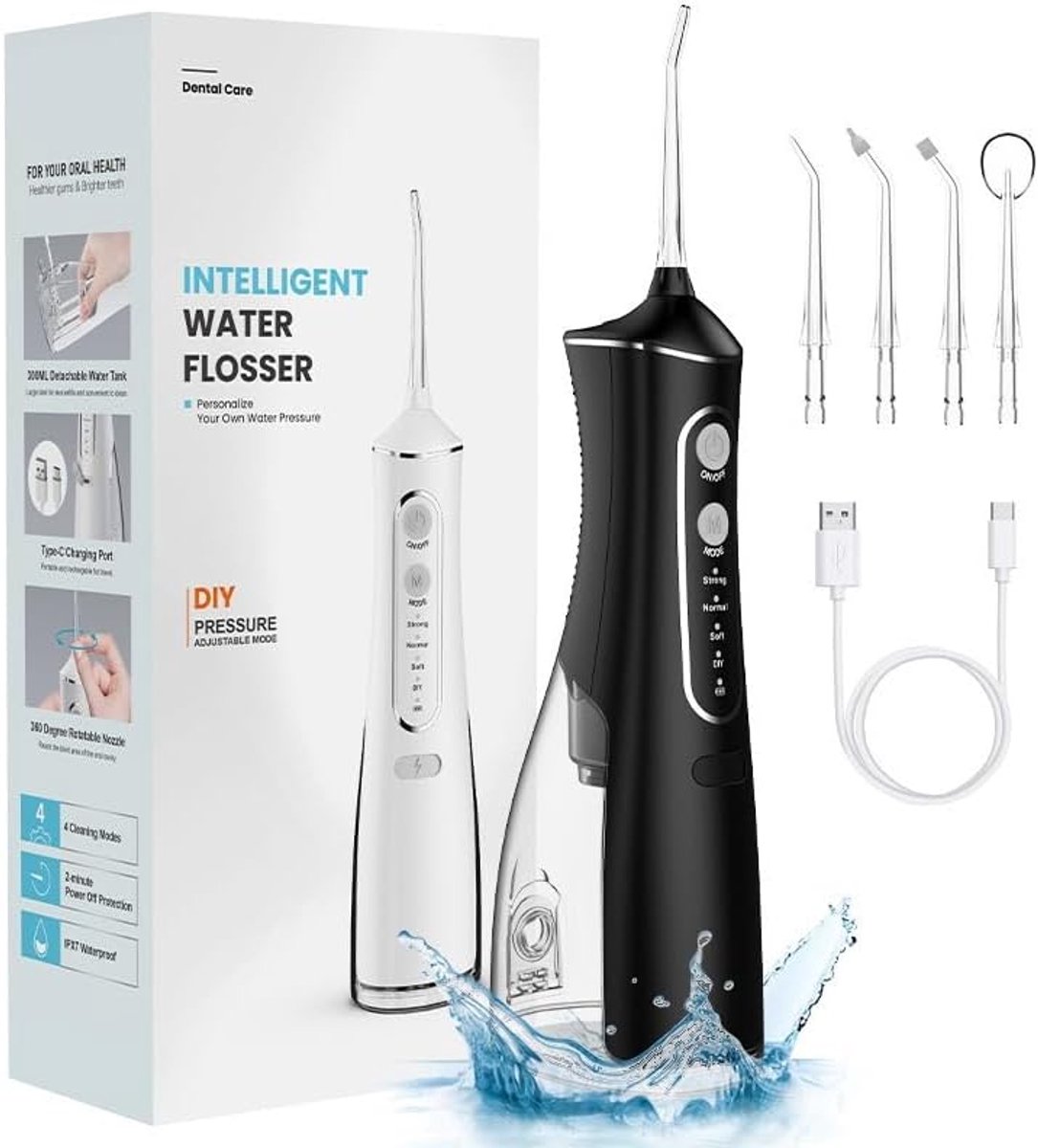 Nieuwe elektrische tandenflosser - draagbare oplaadbare tandenflosser - 300 ml oplaadbare reisreiniger - IPX7 waterdicht - elektrische tandenflosser - 4 snelheidsstanden - flossreiniger