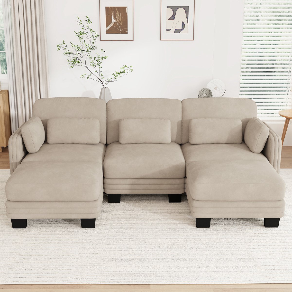 REDOM U-bank - 3 zitplaatsen - Modulair ontwerp met 2 ottomanen - Verplaatsbare kussens - Chenille - Licht koffie - 253 x 143 x 88 cm Licht koffiebruin