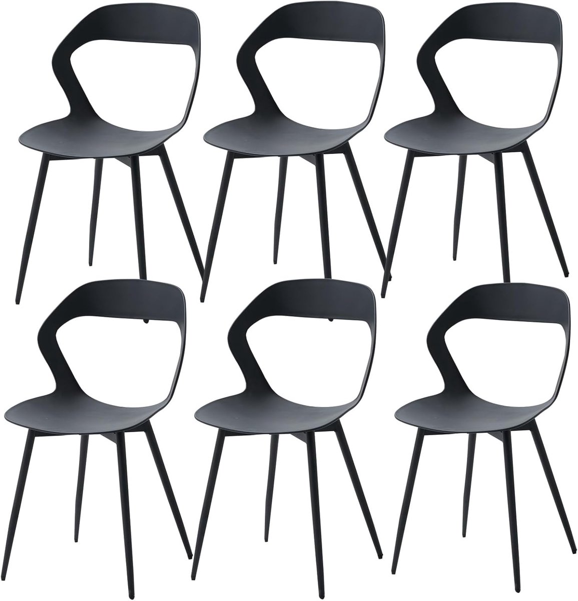 Tuinstoel voor buiten, stoel van polypropyleen, 6 stuks, zitting van polypropyleen, poten van metaal, geschikt voor tuin/broeikas/terras/balkon (zwart, 6)