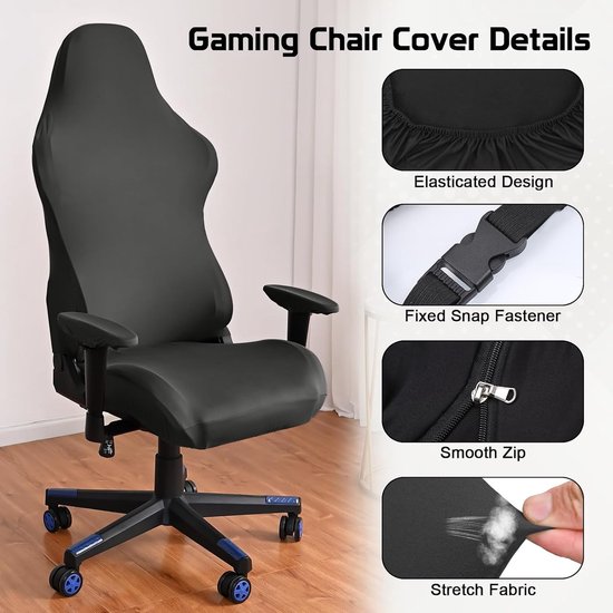 Gaming Stoel Set van 6 Stukken - Zachte Ademende Zwarte Stretch Cover met Arm- en Hoofdtelefoonaccessoires voor Kantoor en Computerstoelen — afbeelding 4