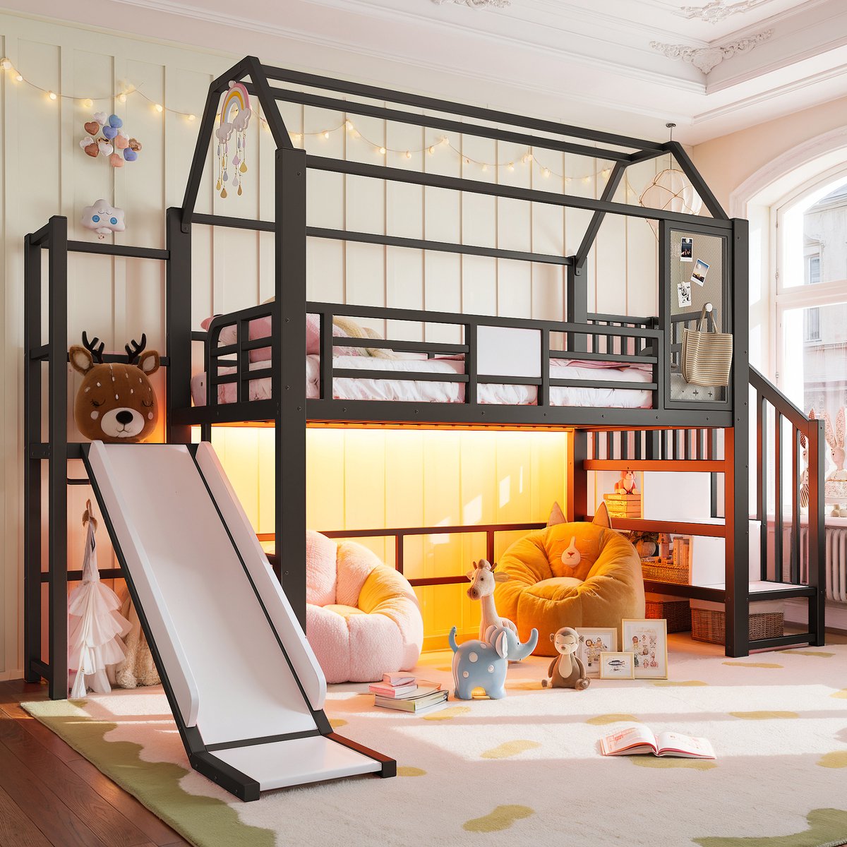 Clruro Hoogslaper - 90 x 200 cm - Huisdesign met Glijbaan - Bluetooth LED - Metaal - Zwart