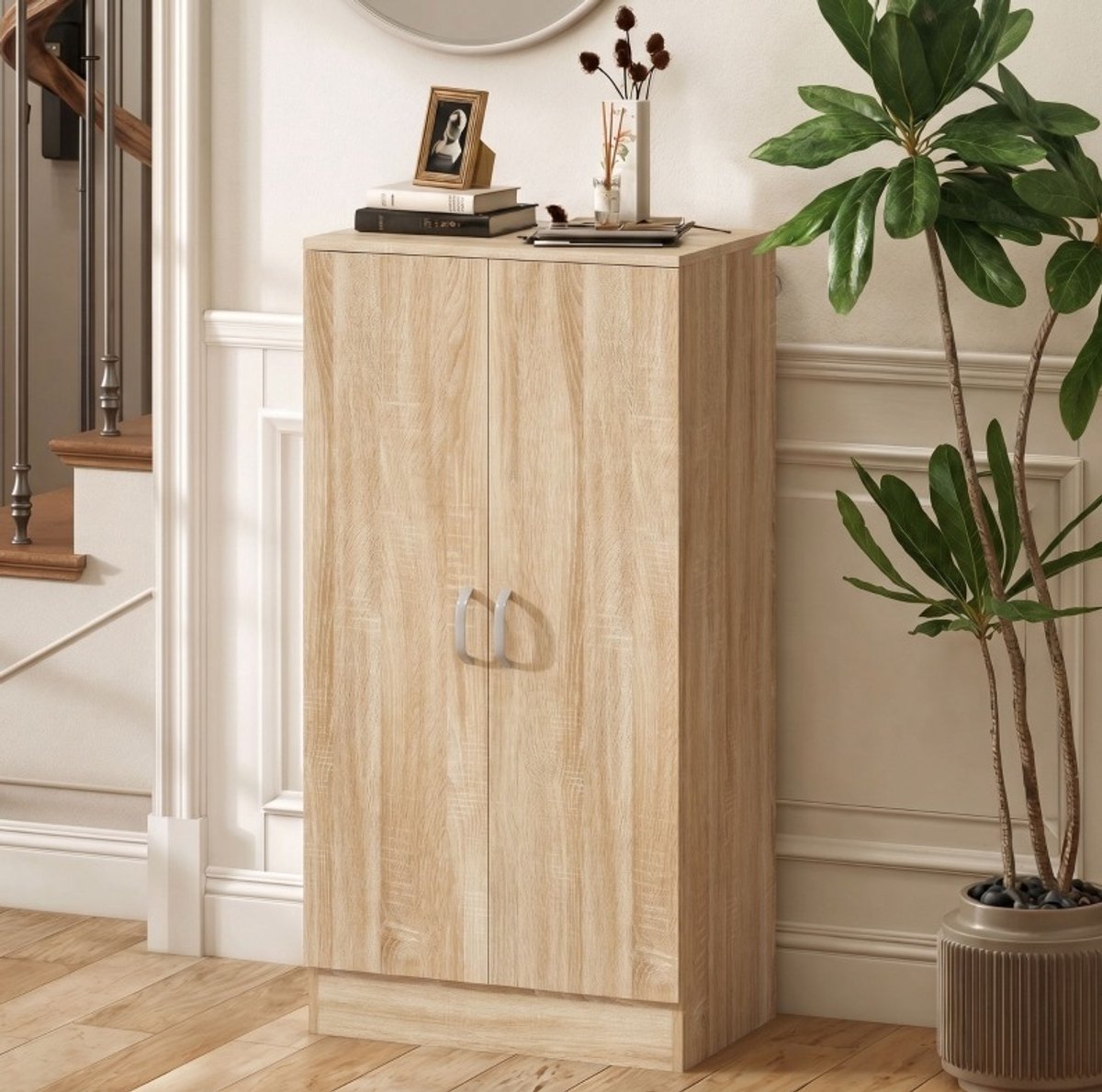 HAUSS SPOLE Schoenenkast - 2 Deuren En 6 Verstelbare Planken - Voor Hal En Slaapkamer - Spaanplaat - 55x35x108 Cm - Natuurlijke Houtkleur Natural Wood