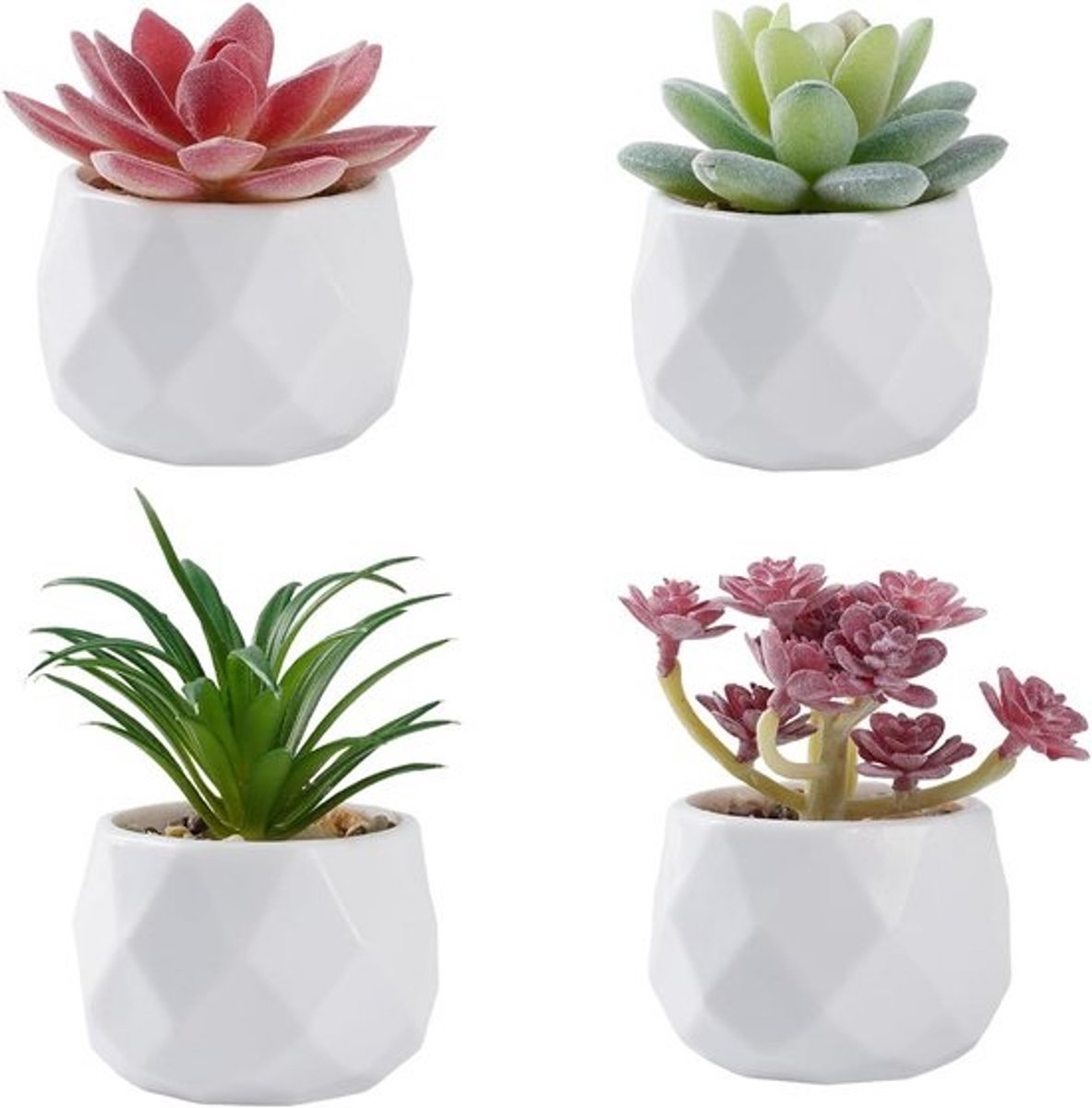 Artificiële vetplanten in pot - Set van 4 - Groen en roze, decoratieve kunstplanten voor vensterbank, bureau, keuken en balkon