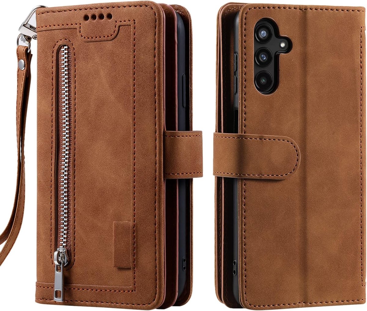 Hoes voor mobiele telefoon, voor Samsung Galaxy A14 / A14 5G, klaphoes, beschermhoes, met kaartenvak, bookcover, flip case, standaard, bruin