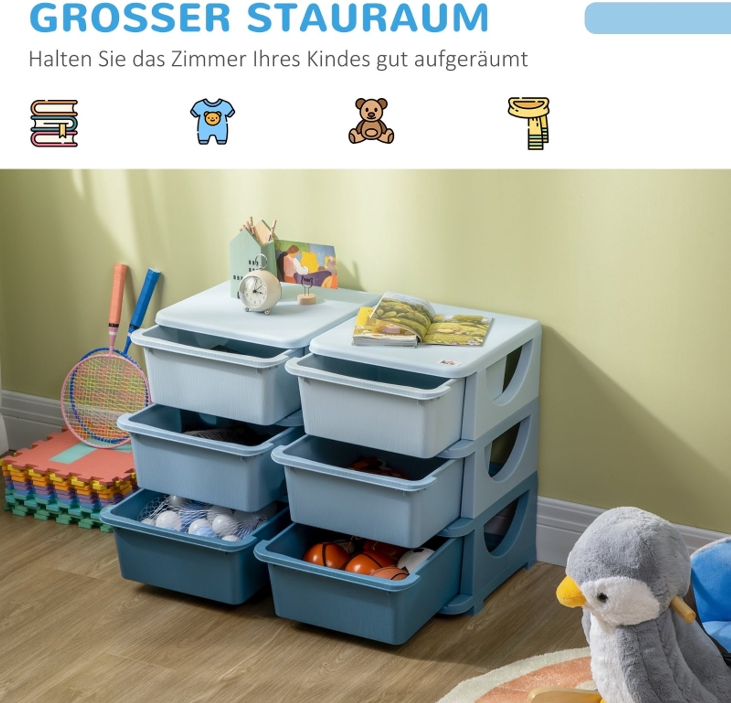 MIVRAY Kinderladekast - Zes Uitneembare Lades Voor Speelgoed En Kleding - Kinderkamer En Speelkamer - Kunststof - 75x37x56,5 Cm - Blauw