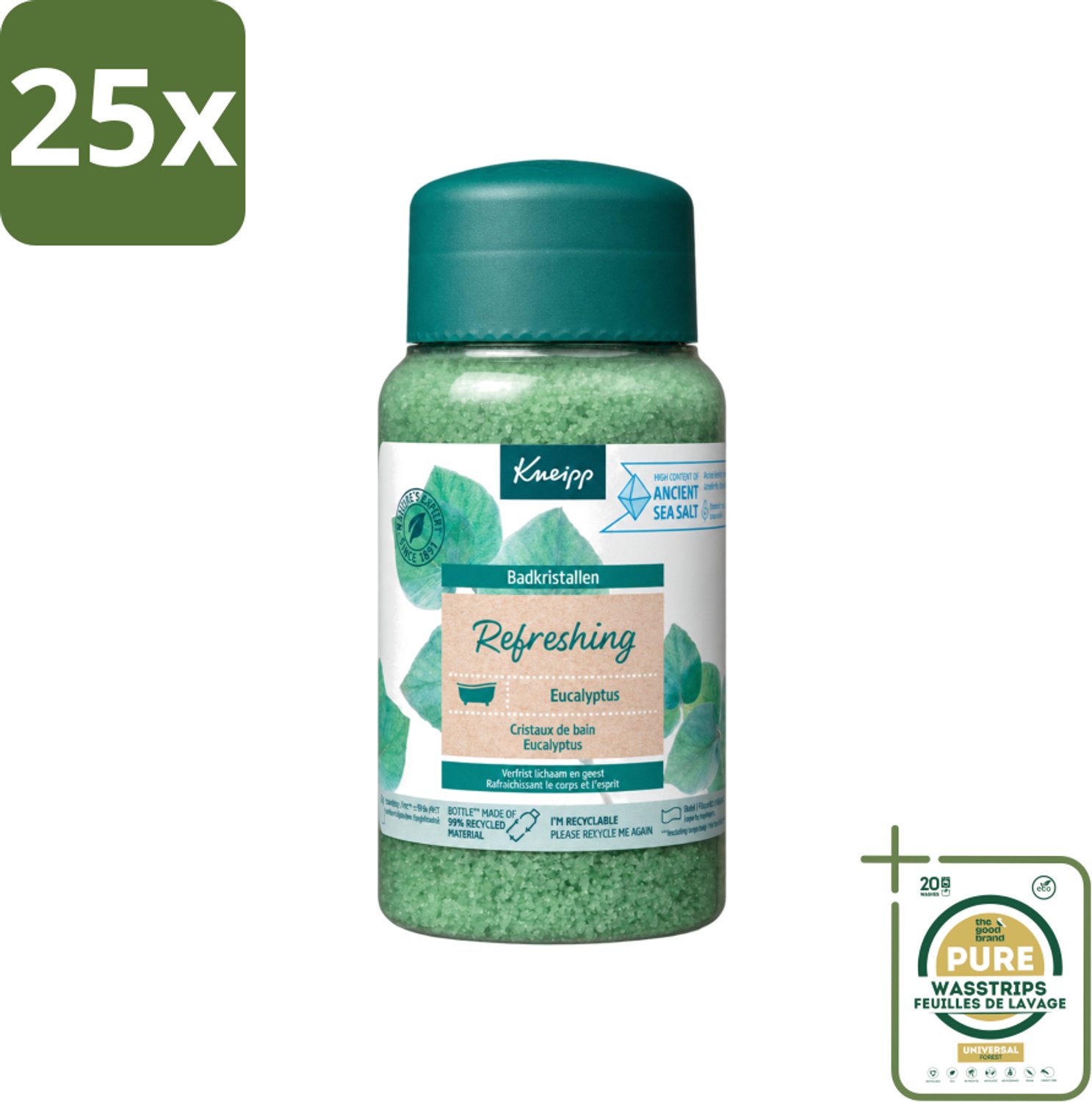 25 x Kneipp - Badzout - Badkristallen - Refreshing Eucalyptus - 600 g - Wasstrips - Badzout Mint Eucalyptus - Badkristallen - Eucalyptusolie - Thermaalzout - Verfrissend Bad