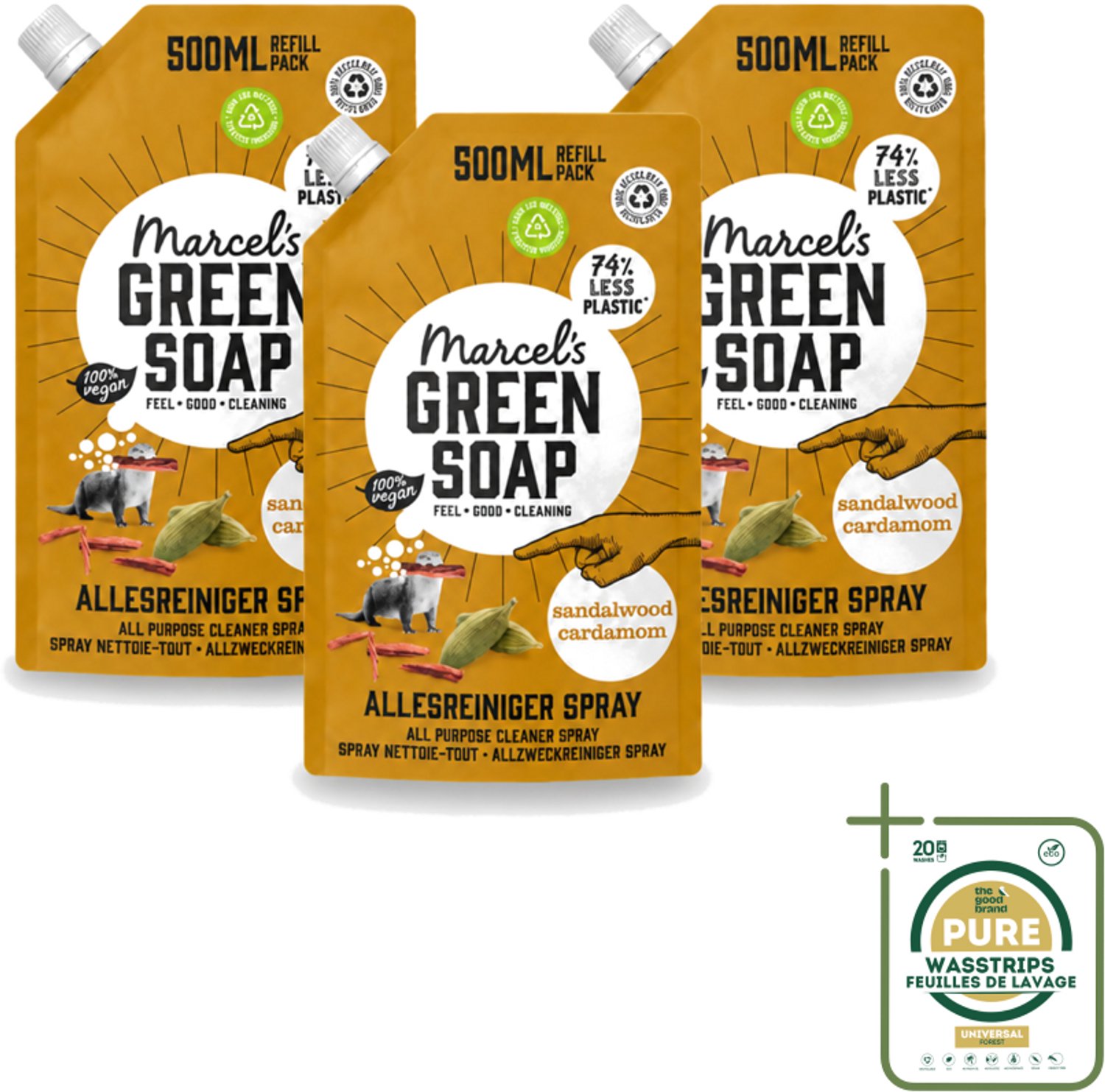 3 x Marcel's Green Soap - Allesreiniger Spray - Navulling - Sandelhout & Kardemon - Frisse reiniging - 500 ml - Wasstrips - Allesreiniger Spray - Natuurlijke Reiniger - Sandelhout En Kardemom - Milieuvriendelijke Reiniger - Biologisch Afbreekbaar