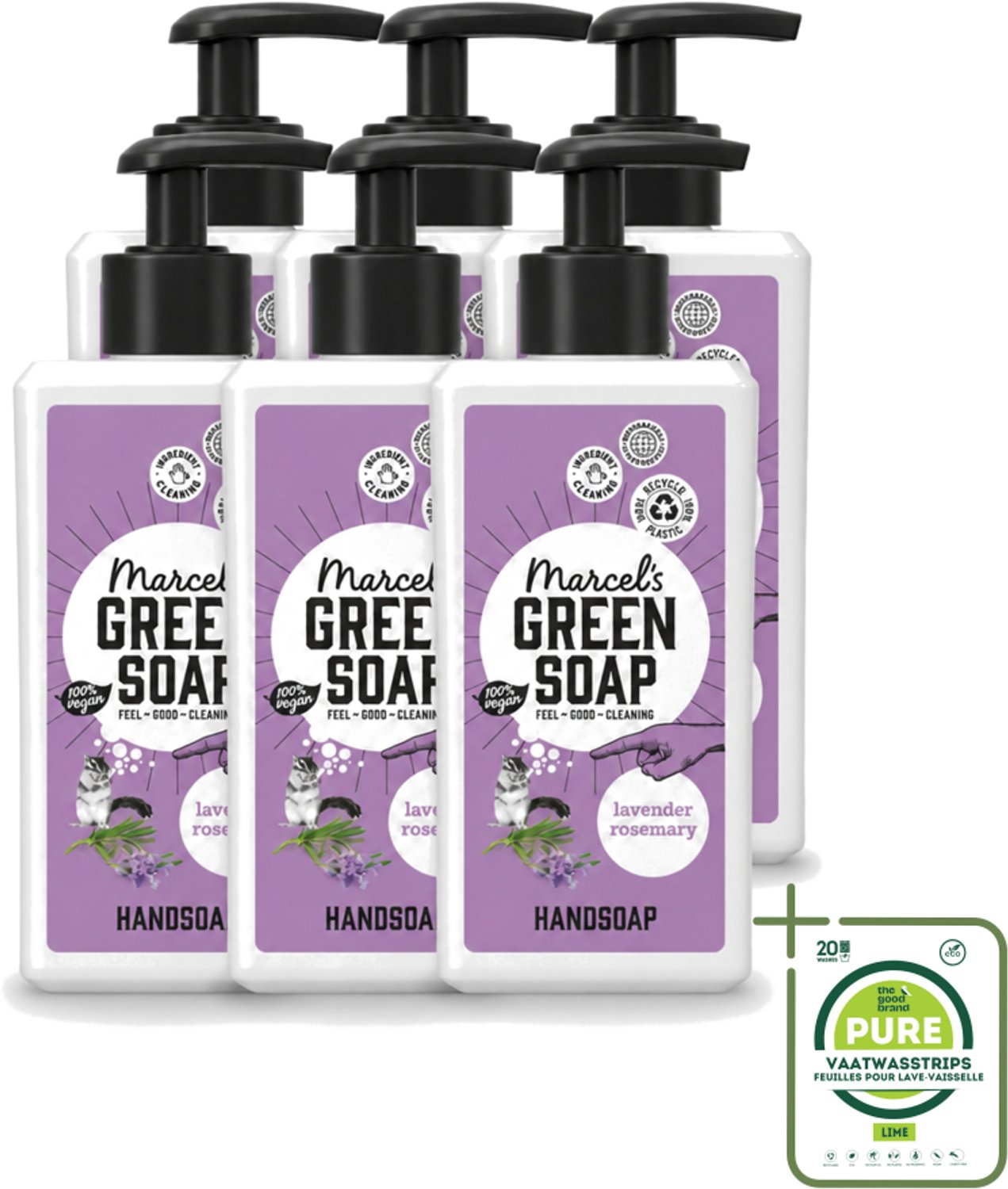 6 x Marcel's Green Soap - Handzeep - Lavendel & Rozemarijn - Zachte verzorging - 250 ml - Grootverpakking - Vaatwasstrips - Handzeep - Handen Verzorgen - Natuurlijke Handzeep - Lavendel Handzeep - Rozemarijn Handzeep