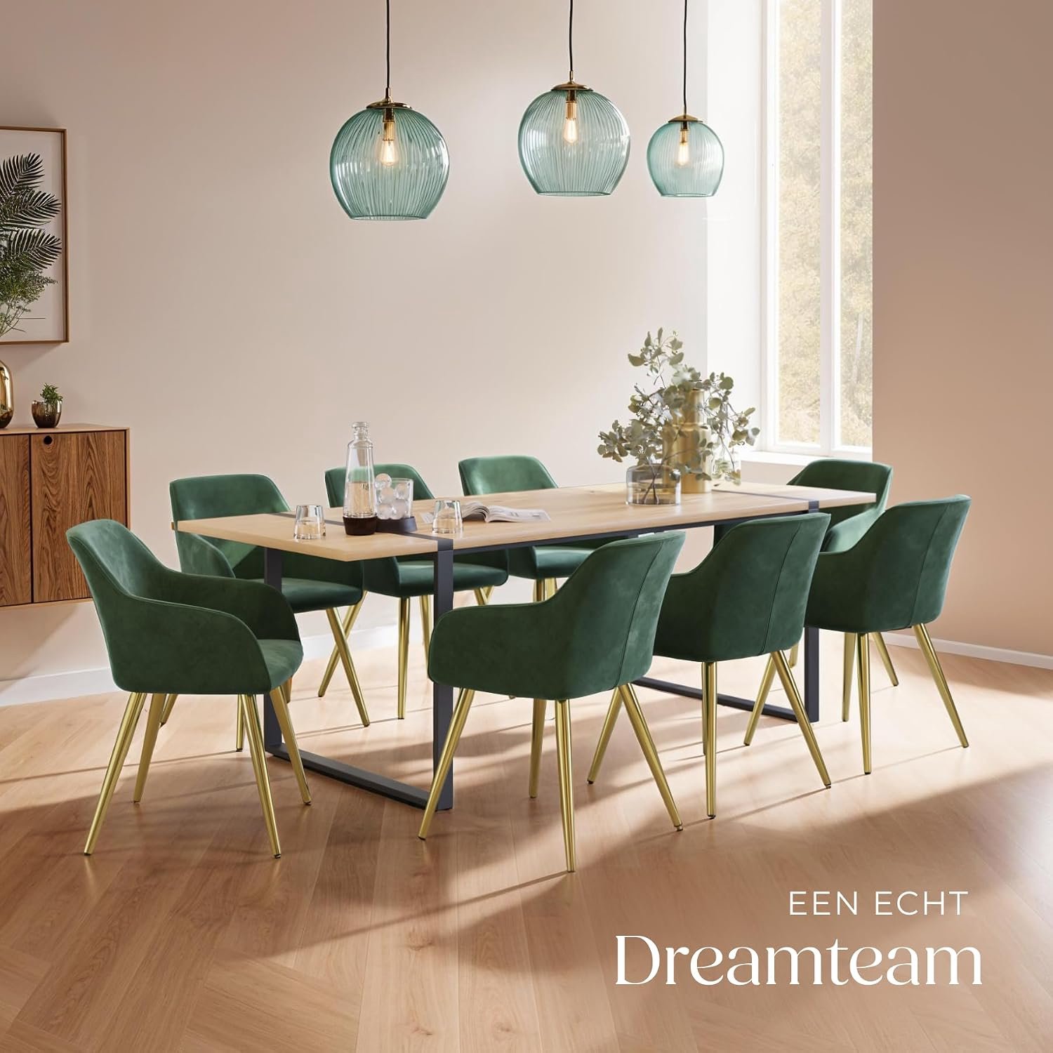 Luxe Eetkamerstoel Velvet Look met Armleuningen Set van 6 Donkergroen met Goudkleurige Metalen Poten Ergonomische Gestoffeerde Stoelen voor Eetkamer Woonkamer Keuken en Slaapkamer 62 x 58 x 82 cm