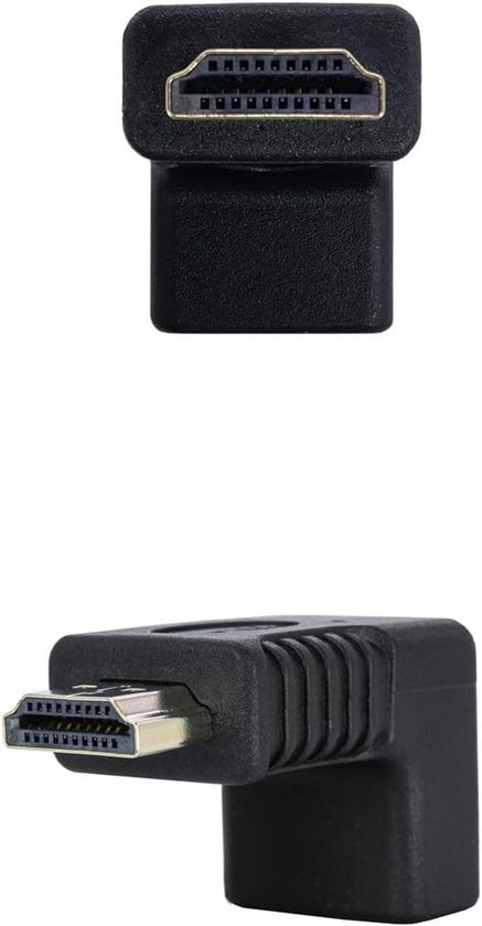 Twee aanzichten van een zwarte haakse HDMI-adapter, tonend de vrouwelijke poort en de mannelijke connector.