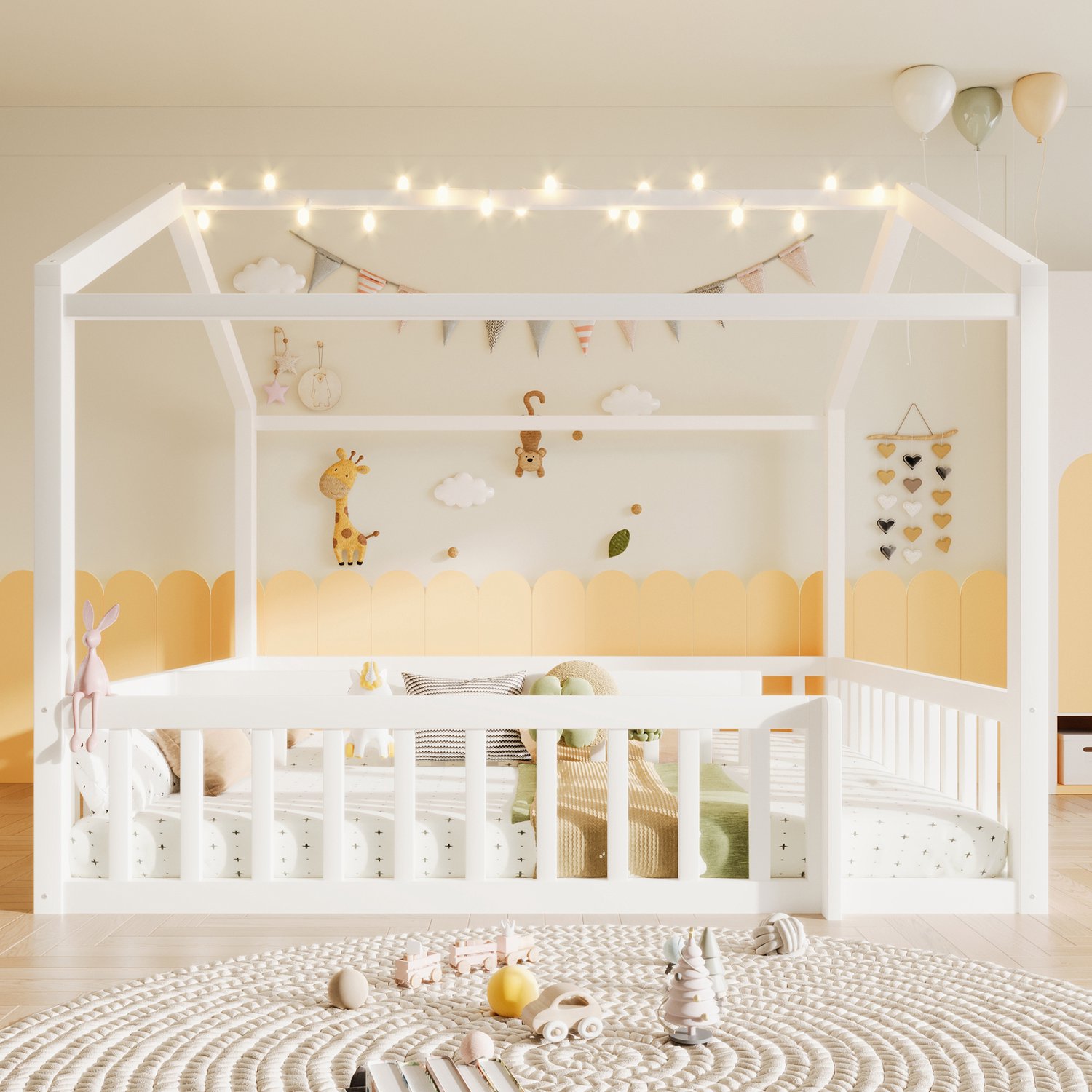 WUVRIE Huisbed voor kinderen - 2 bedden van 90x190 cm of samen 180x190 cm - Met hekjes en LED - Wit