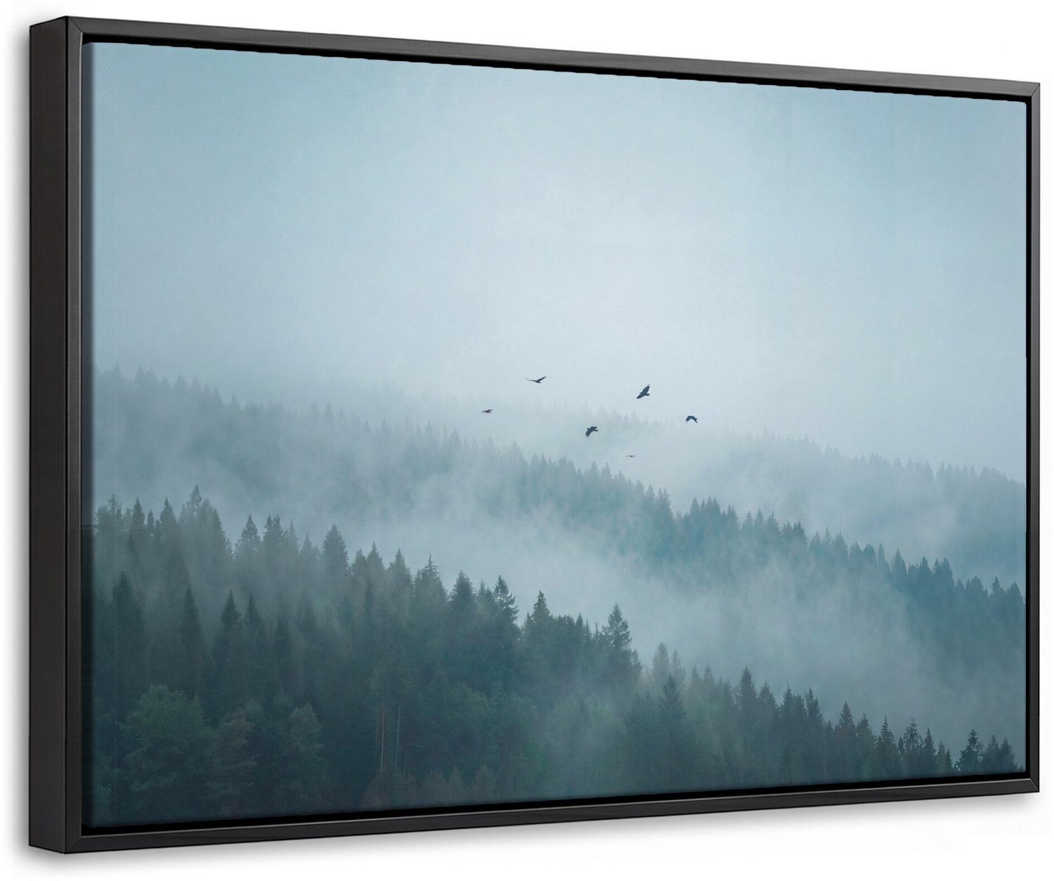 Canvas Schilderij met Baklijst - Bos - Mist - Vogels - Natuur - Groen
