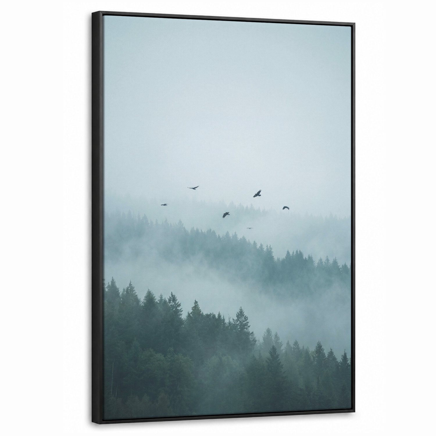 Canvas Schilderij met Baklijst - Bos - Mist - Vogels - Natuur - Groen