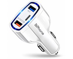 DrPhone QC4 Pro Autolader – 3 Poorten – 2x USB-A & USB-C – Quick Charge 3.0 – 12-32V – Blauwe Led – Wit