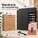 Inhoud verpakking: zwarte schoenenkast, doos, kapstokhaakjes, hamer en handleiding.