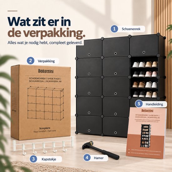 Inhoud verpakking: zwarte schoenenkast, doos, kapstokhaakjes, hamer en handleiding.