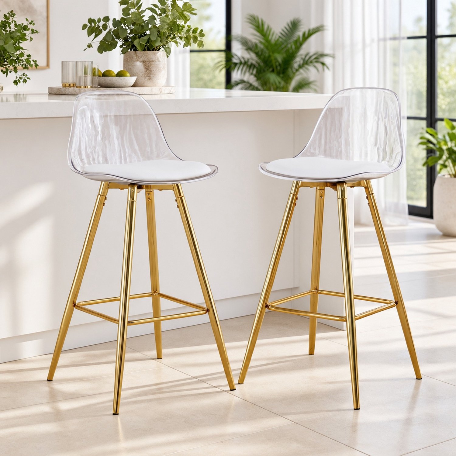 CHICFURN Barkruk - voor volwassenen - transparante rugleuning - vierpoots - goud transparant