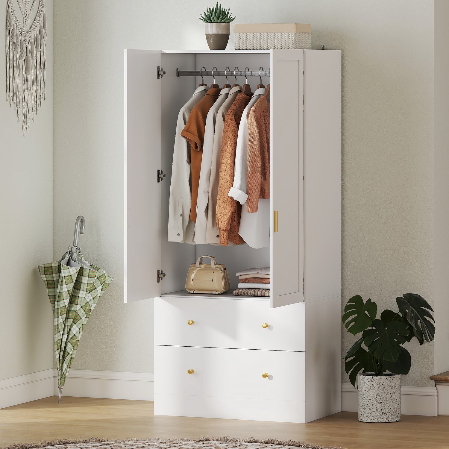 TEKOA® Kledingkasten - Kledingkast - met spiegel - 2 deuren - 2 lades en kledingroede - 80 x 50 x 180 cm - wit