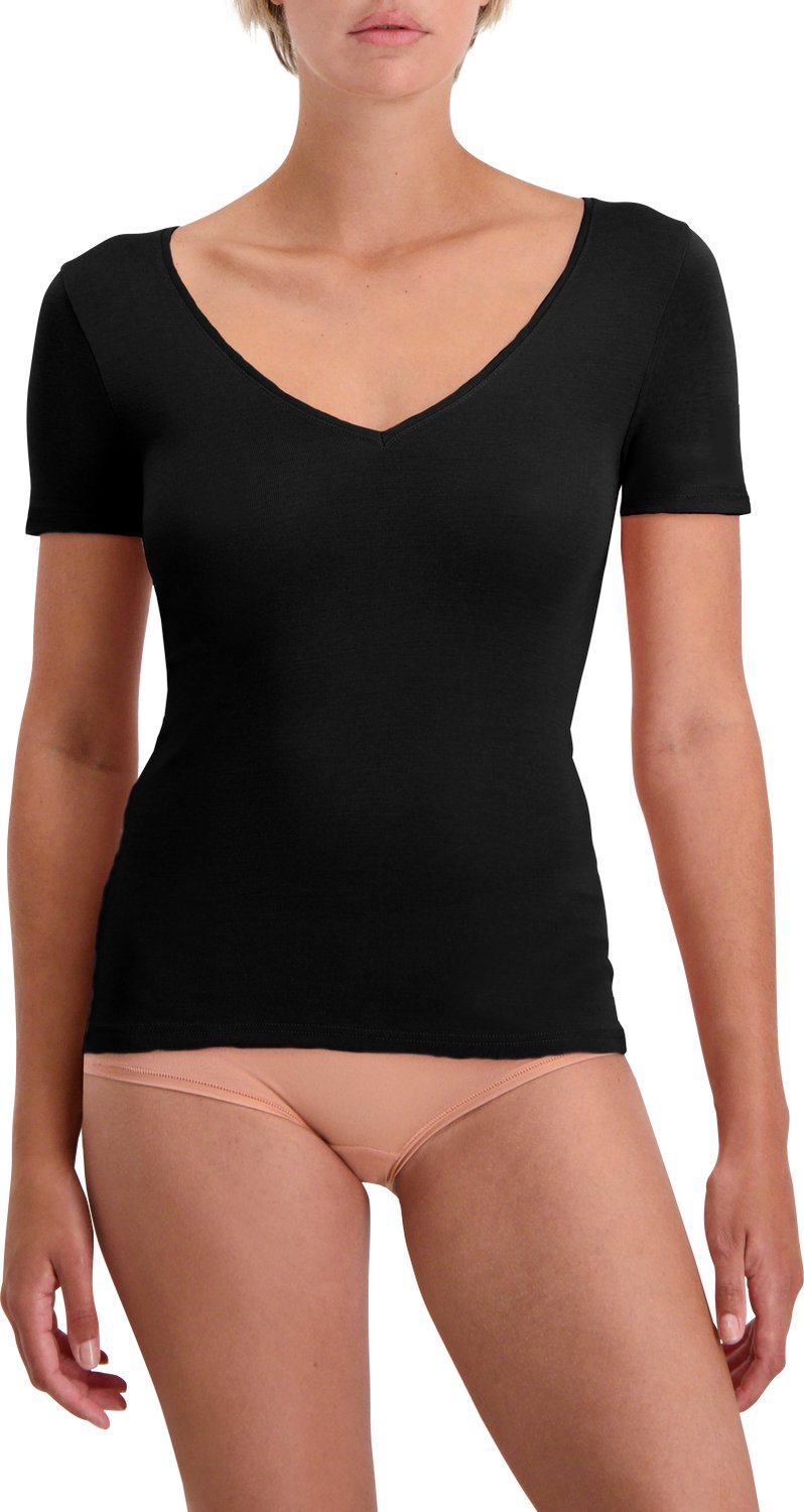 Noshirt Short Sleeve - Merino Wool - Dames Ondershirt - Zwart - Deep V - Maat L