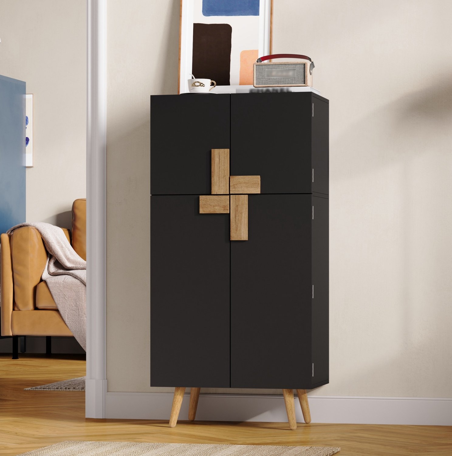 OKWISH Keukenkast - Hoge Voorraadkast Met 4 Deuren - Deuropbergrekken En Verstelbare Legplanken - MDF Zwart - 60 x 35 x 120 cm