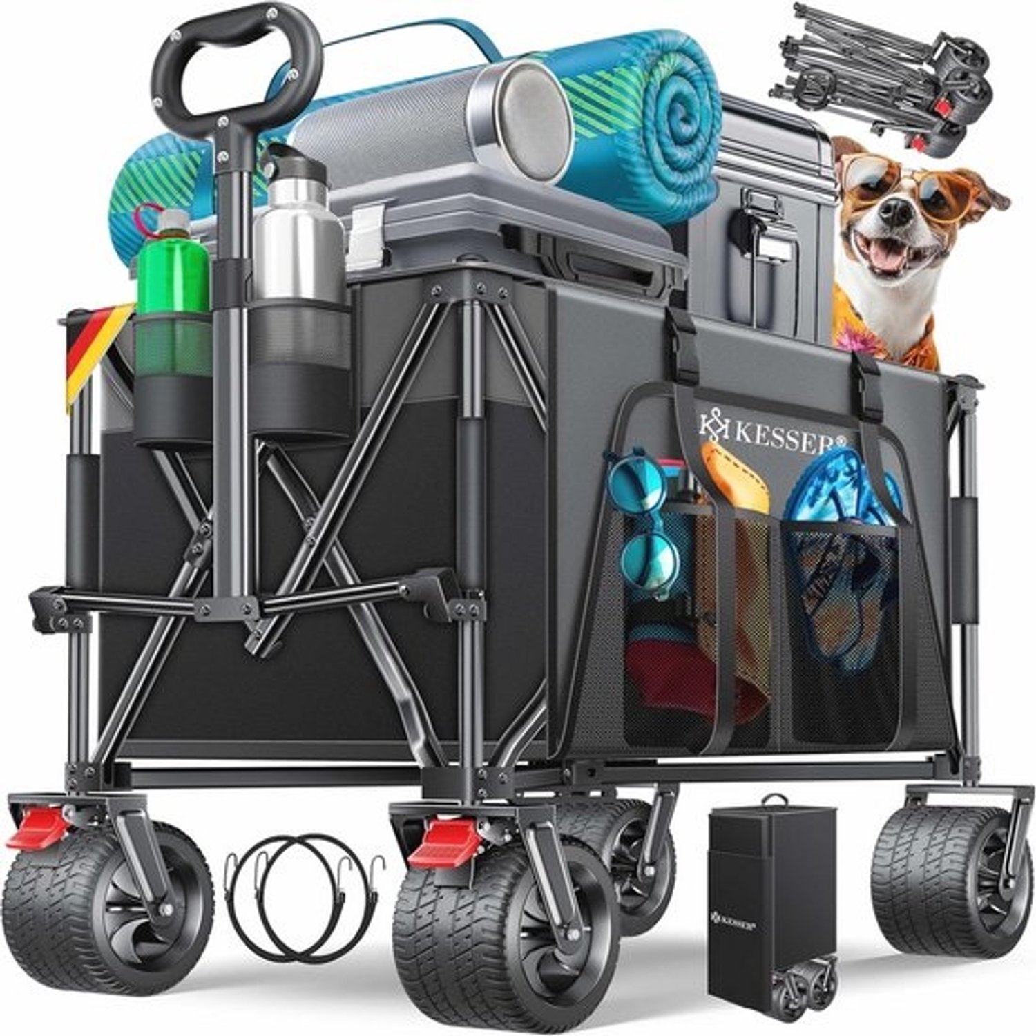 KESSER® transportkar GTR9000, handwagen met een draagvermogen van 200 kg en 300 liter opbergruimte, opvouwbare transportwagen met extra brede 360° wielen en parkeerremmen, weerbestendige strandwagen inclusief afdekking en zijzak