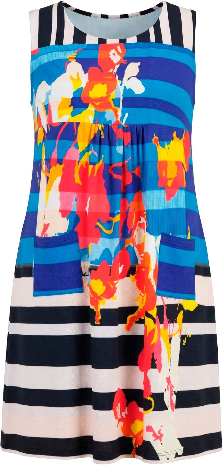 Ulla Popken Dames - Jersey jurk patchprint A-lijn ronde hals mouwloos - Marine - Maat 58+
