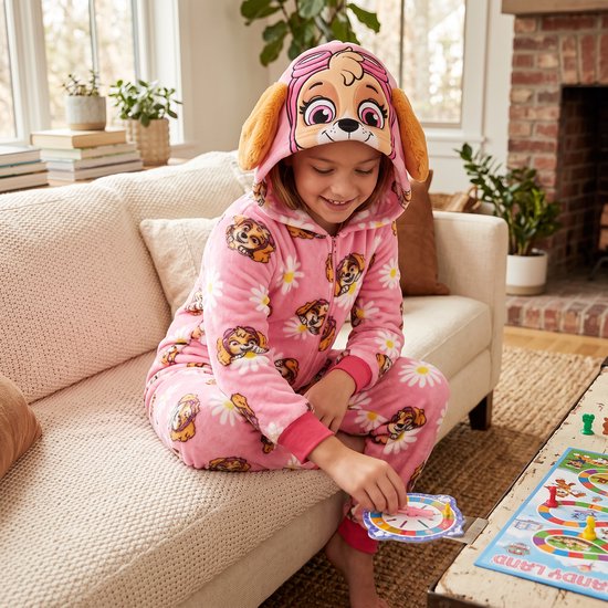 Kind in roze Paw Patrol Skye onesie speelt aan een tafel op een bank.