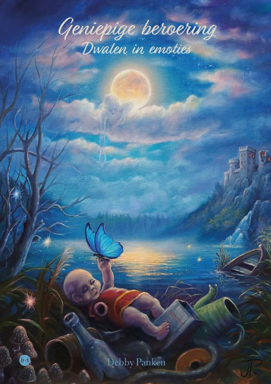 Boekomslag: blauw, surrealistisch schilderij met een kind, een vlinder, een volle maan en een kasteel. Titel: Geniepige beroering.