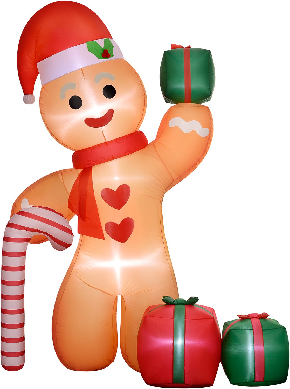 Sunona Opblaasbare Kerstdecoratie - Lebkuchenman met zuurstok en cadeaus - Met ledverlichting - 170 x 100 x 245 cm - Oranje