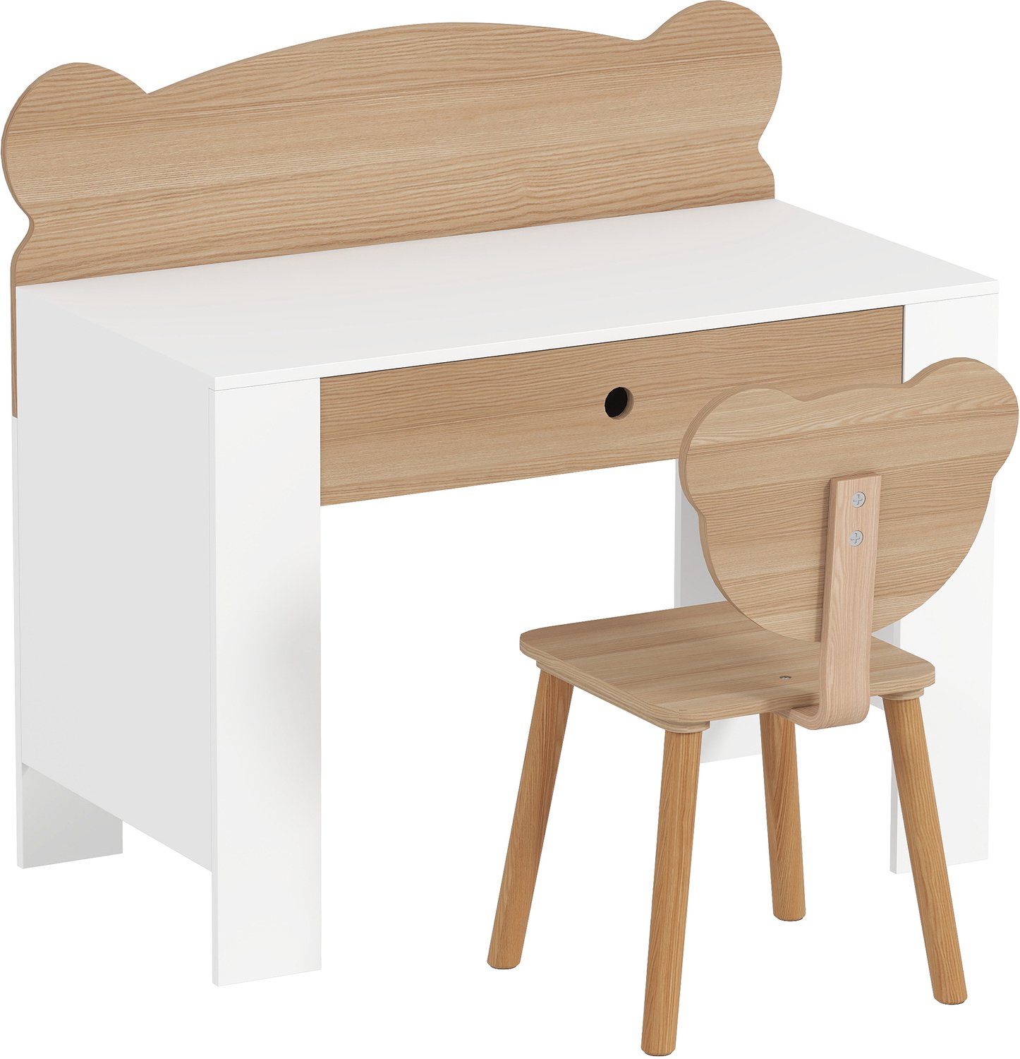 Playon Kinderbureau met stoel - Met lade en berenmotief - 80 x 41 x 74,5 cm - Naturel/Wit