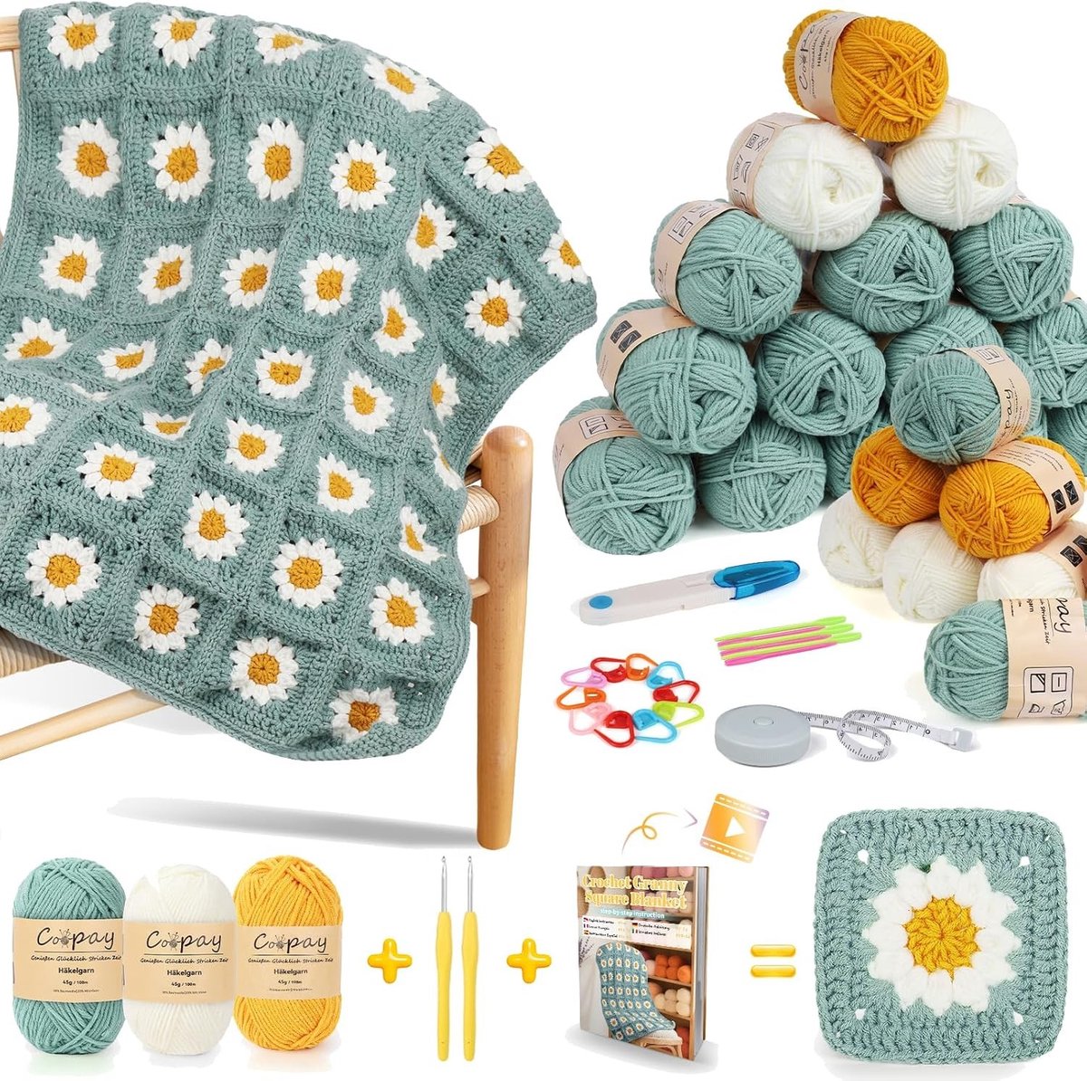 Complete Haakset voor Beginners met Granny Square en Daisy Dekentje, Inclusief Haaknaald en Stapsgewijze Video-instructies voor Leren Haken