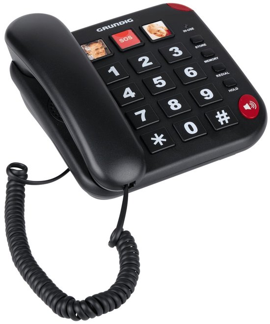 Zwarte Grundig seniorentelefoon met grote, duidelijke knoppen, inclusief SOS-knop en fototoetsen.