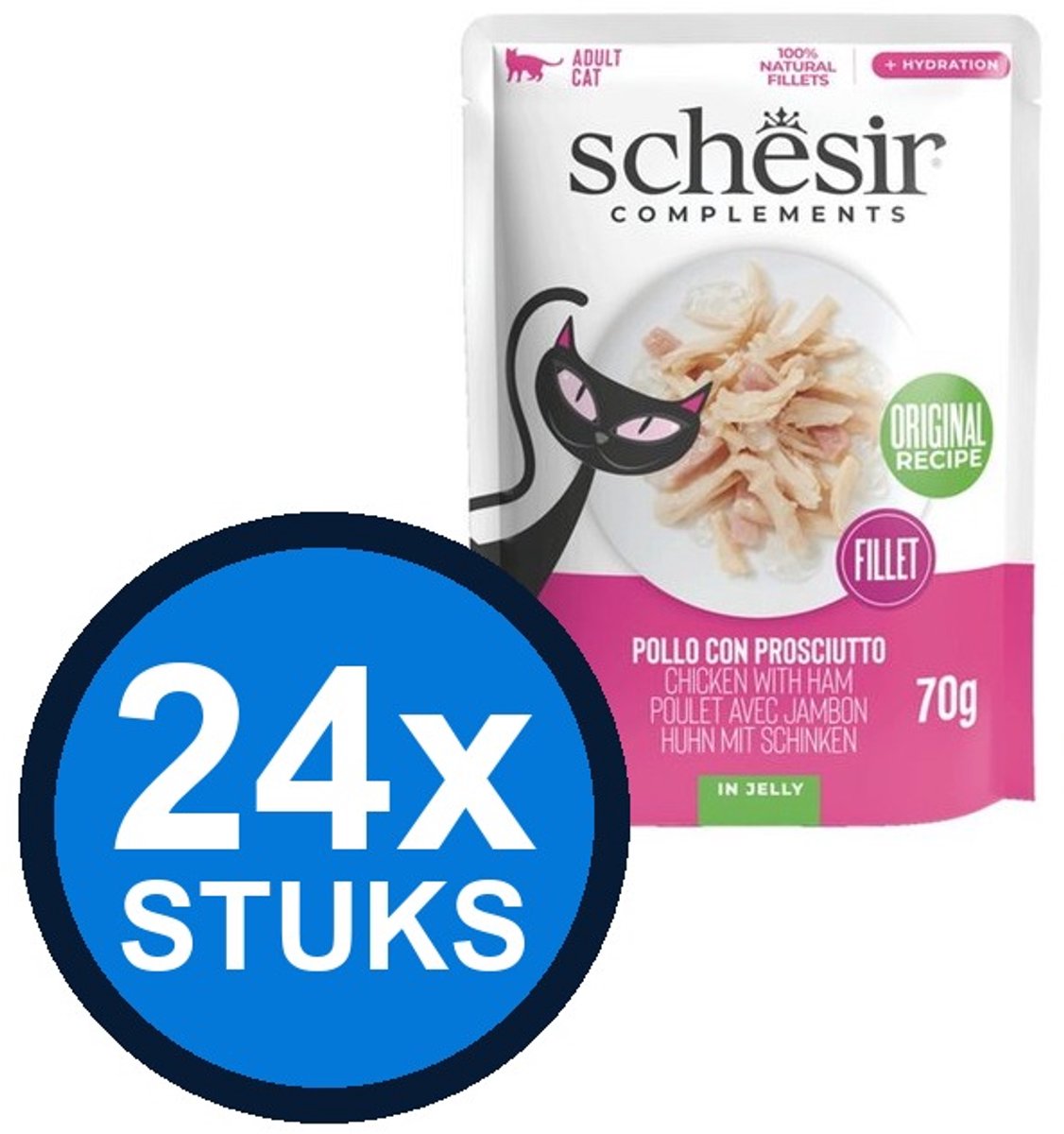 24x Schesir - Complementary - Kattenvoer - Gelei in zakje - Kip & Ham - 70g