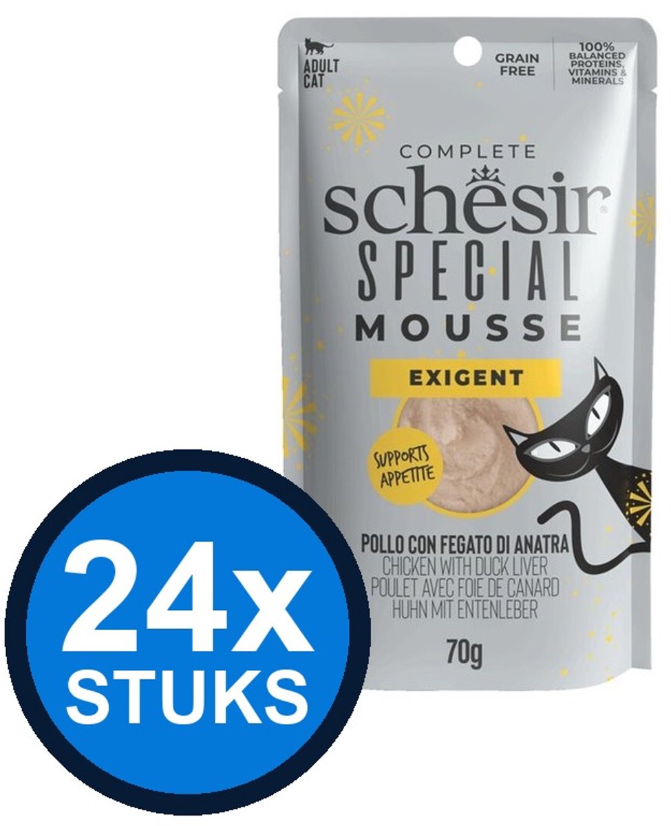 24x Schesir Special Exigent Mousse - Kip & Eendenlever - Kattenvoer Natvoer - 70g