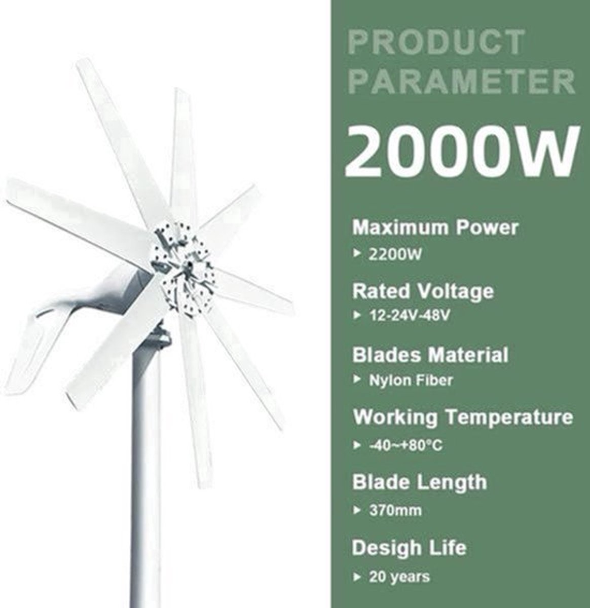 Windturbine - Windmolen - Windturbine Generator - Windenergie - 2000W - 48V - met MPPT Controller - Stille en Efficiënte Energieoplossing - voor Thuisgebruik