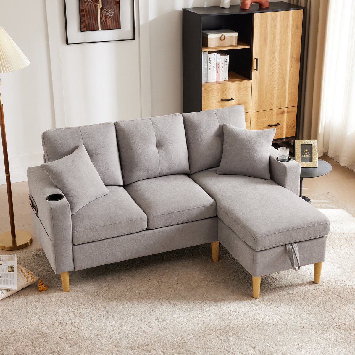 Woonkamer Hoekbank, L-Bank, 3-Zits Bank, L-Vormige Moderne Bank, 3-Zits Bank Met Chaise Longue, Opbergruimte, Geïntegreerde Bekerhouder, Wordt Geleverd Met 2 Kussens, Geschikt Voor Woonkamer, Grijs