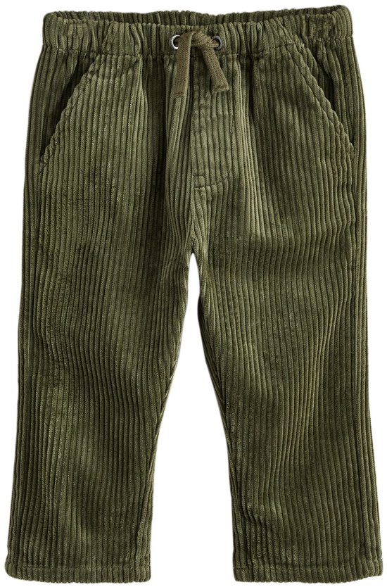 Olijfgroene corduroy broek met elastische tailleband, trekkoord, steekzakken en rechte pijpen.