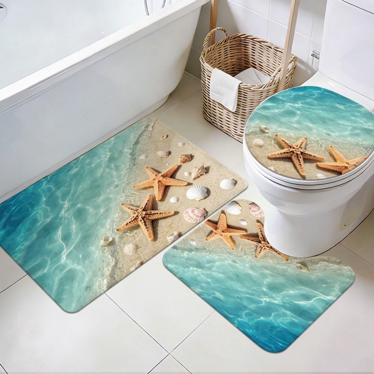 TNKBREEZE Zeester en strand badkamermatten, wasbare badmatten met wc-deksel, schelpen, waterabsorberend, zacht - ShopVlot
