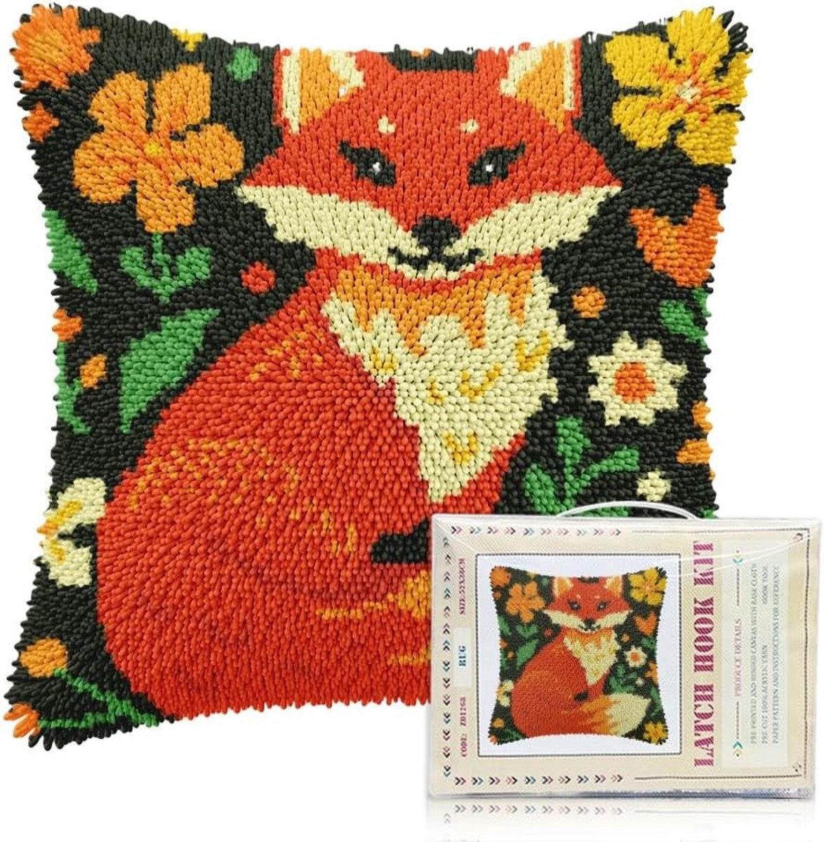 17x17 Kussen Set voor Volwassenen en Beginners met Vospatroon - Voorafgedrukt DIY Haak- en Knopkussen met Instructies voor Sofa Decoratie
