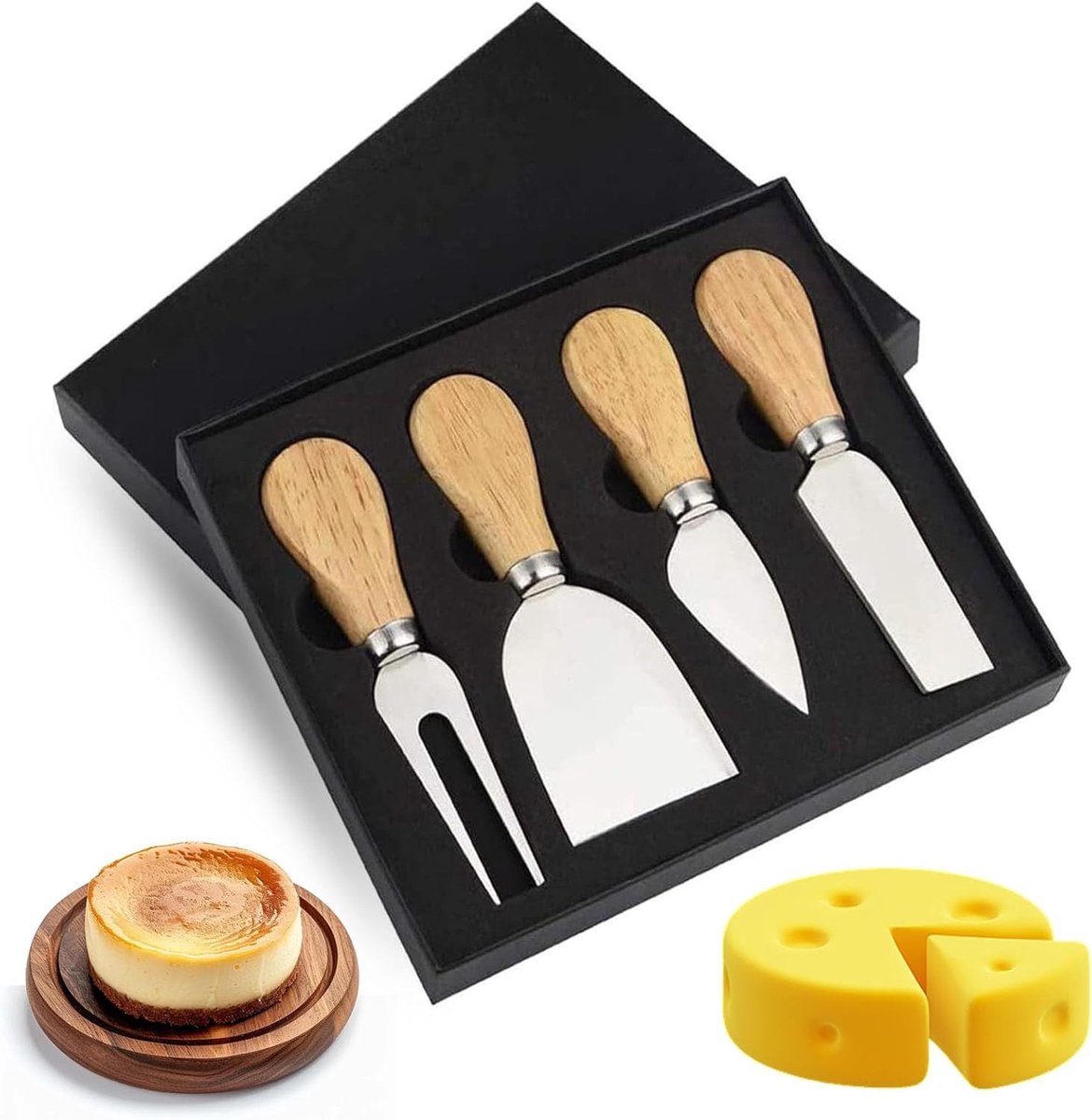 Set van 4 Kaasmesjes - Mini Kaasmes, Kaas Snijder, Hoogwaardige Kaasmes met Houten Handvat - Roestvrijstalen Keuken Gereedschap voor Kaasliefhebbers - Cadeauset