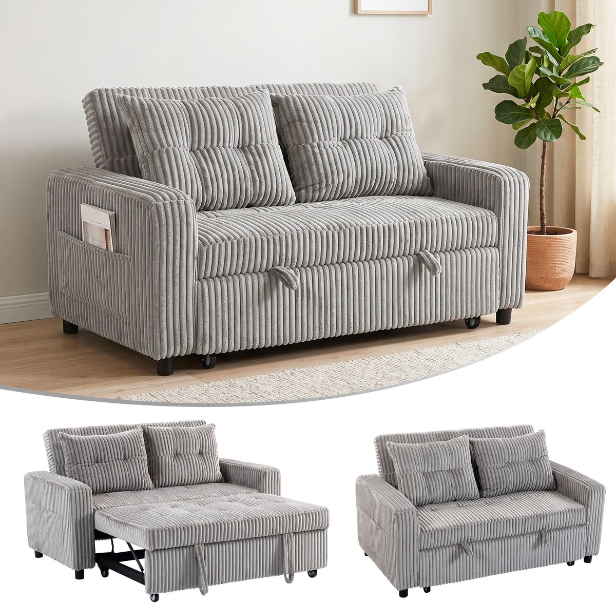 HOMCOM Sofa Bed-Polyester, Stahl-157L x 90B x 91H cm-Hellgrau