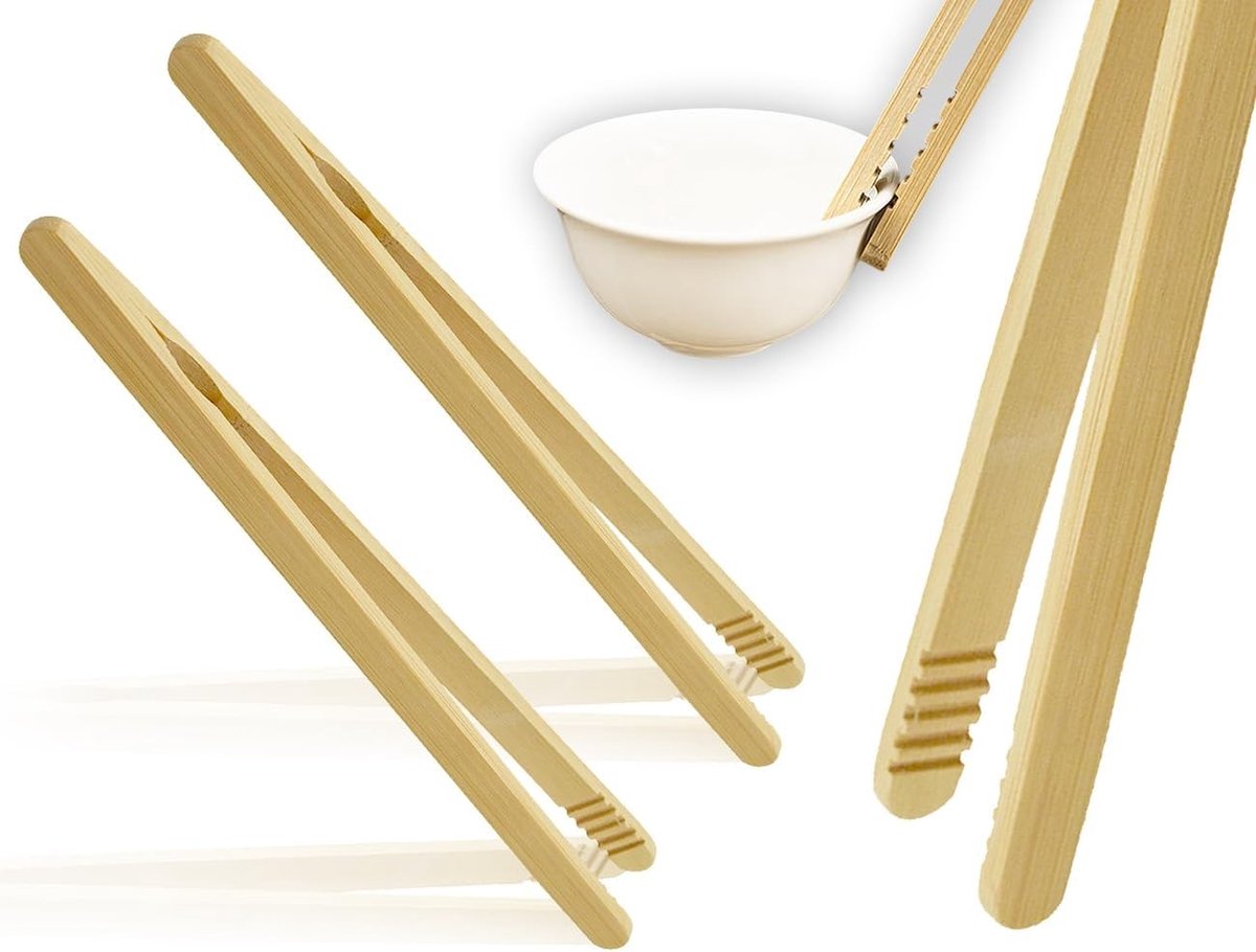 Set van 2 Herbruikbare Houten Keukentangen van Bamboe voor Wafels, Brood en Bakgerei (18 cm)